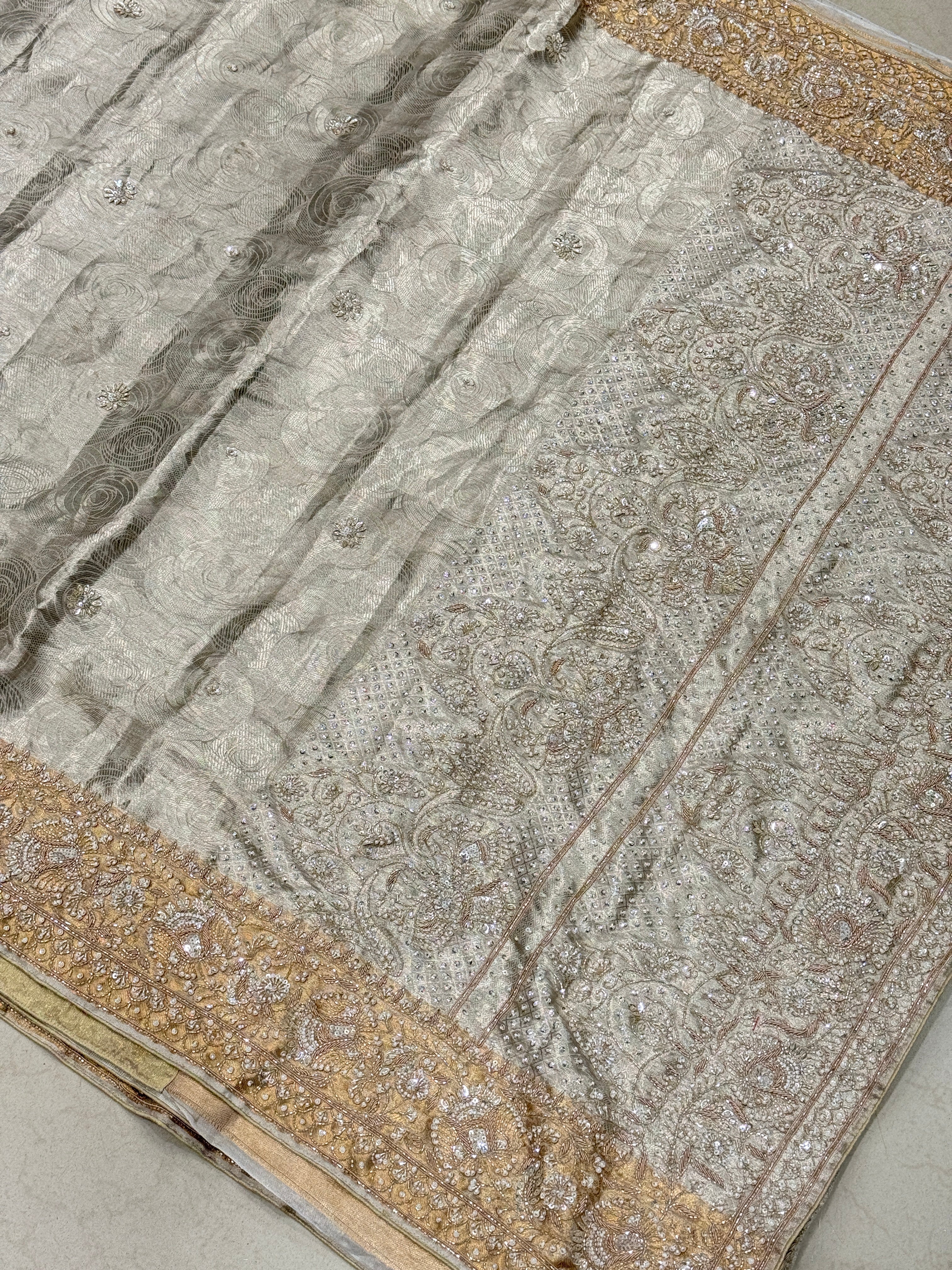 Silver Tissue Kanjivaram Zardosi Moti Hand Embroidery Saree