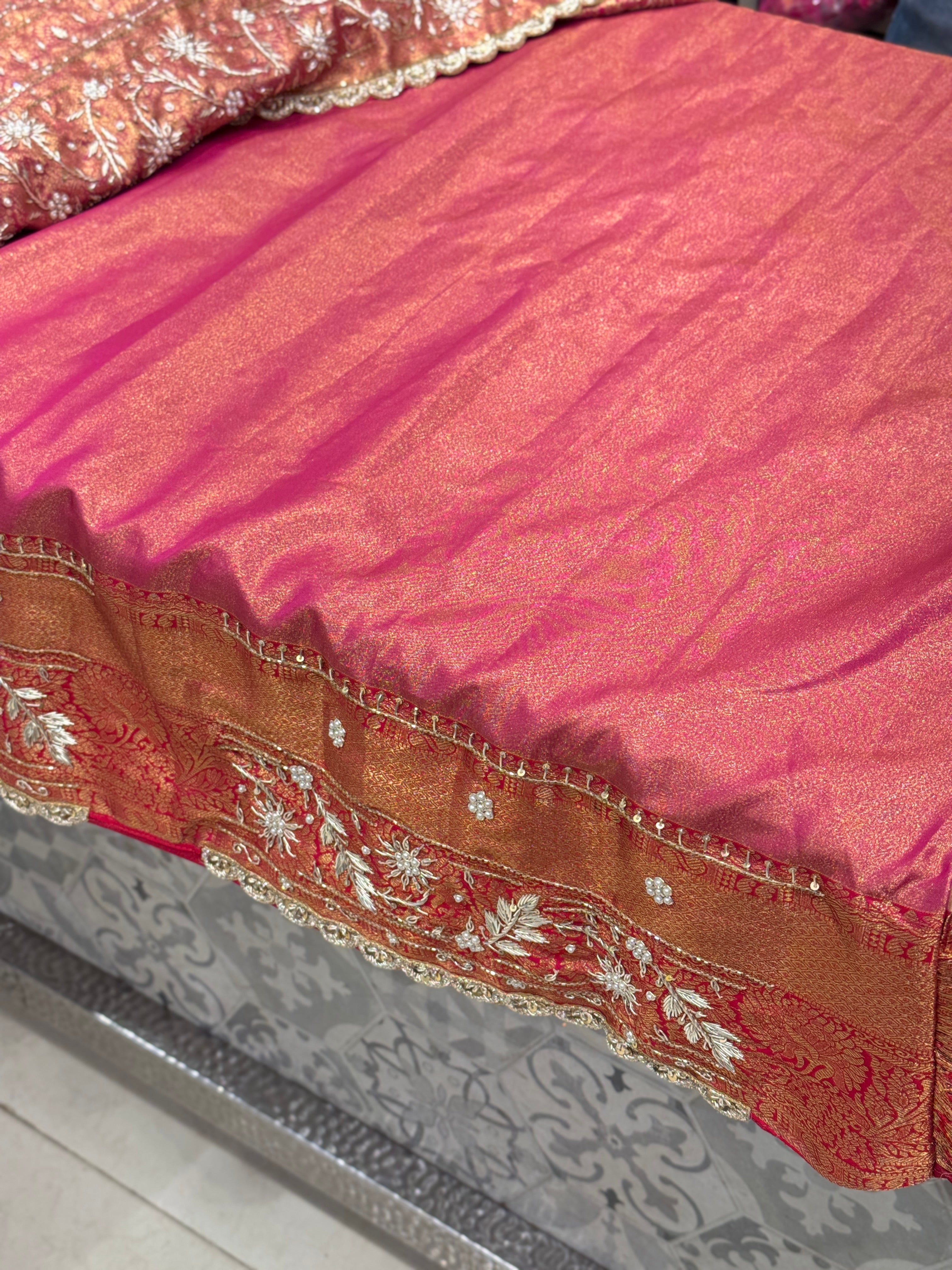 Peach Tissue Kanjivaram Hand Embroidery Saree