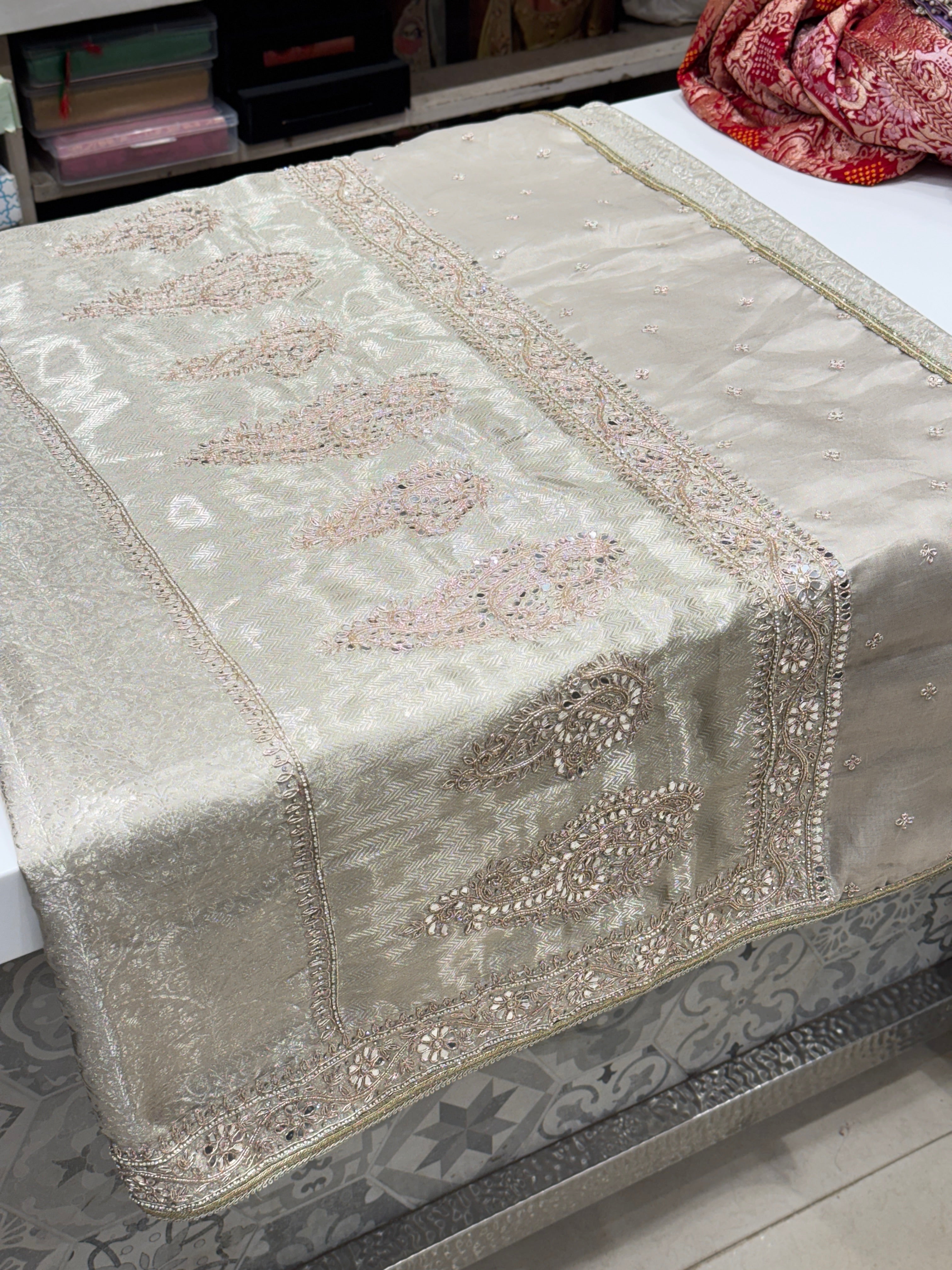 Silver Tissue Kanjivaram Hand Embroidery Saree
