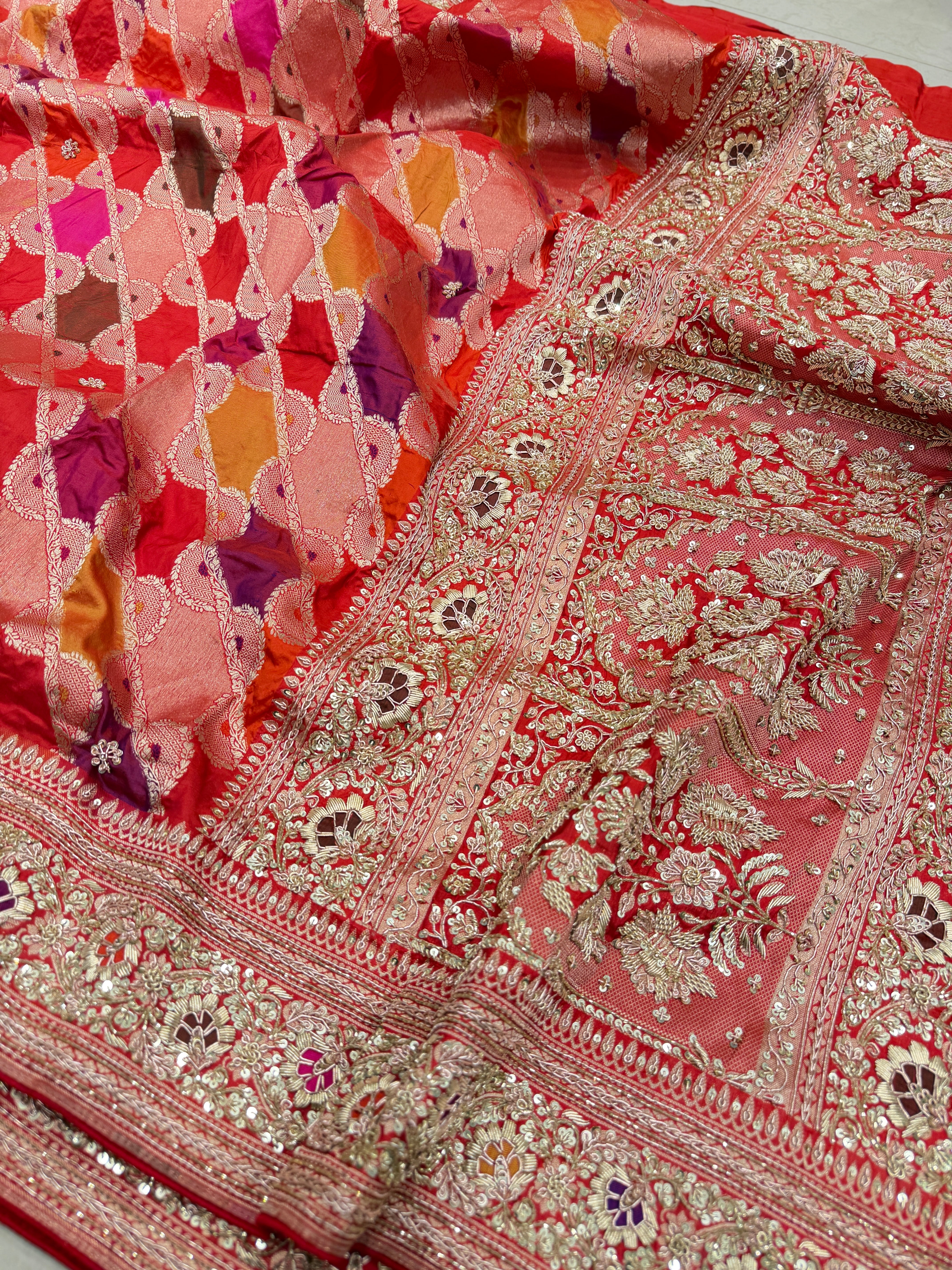 Red Handloom Banarasi Rangkat Zardosi Hand Embroidery Saree