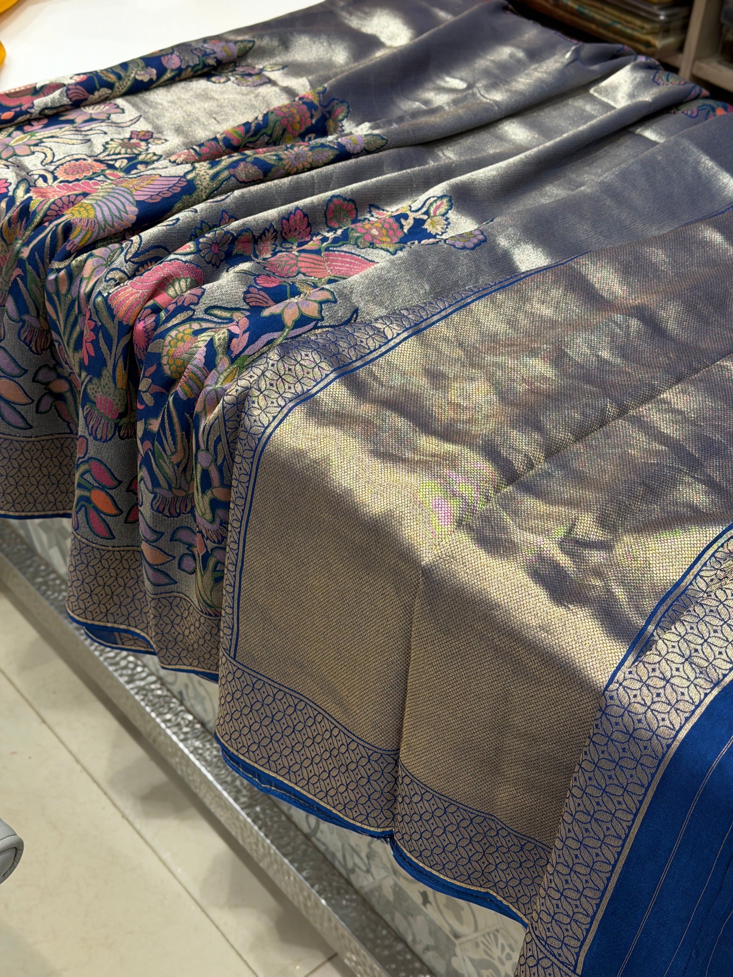 Blue Parsi Gara Weaved Munga Tissue Saree