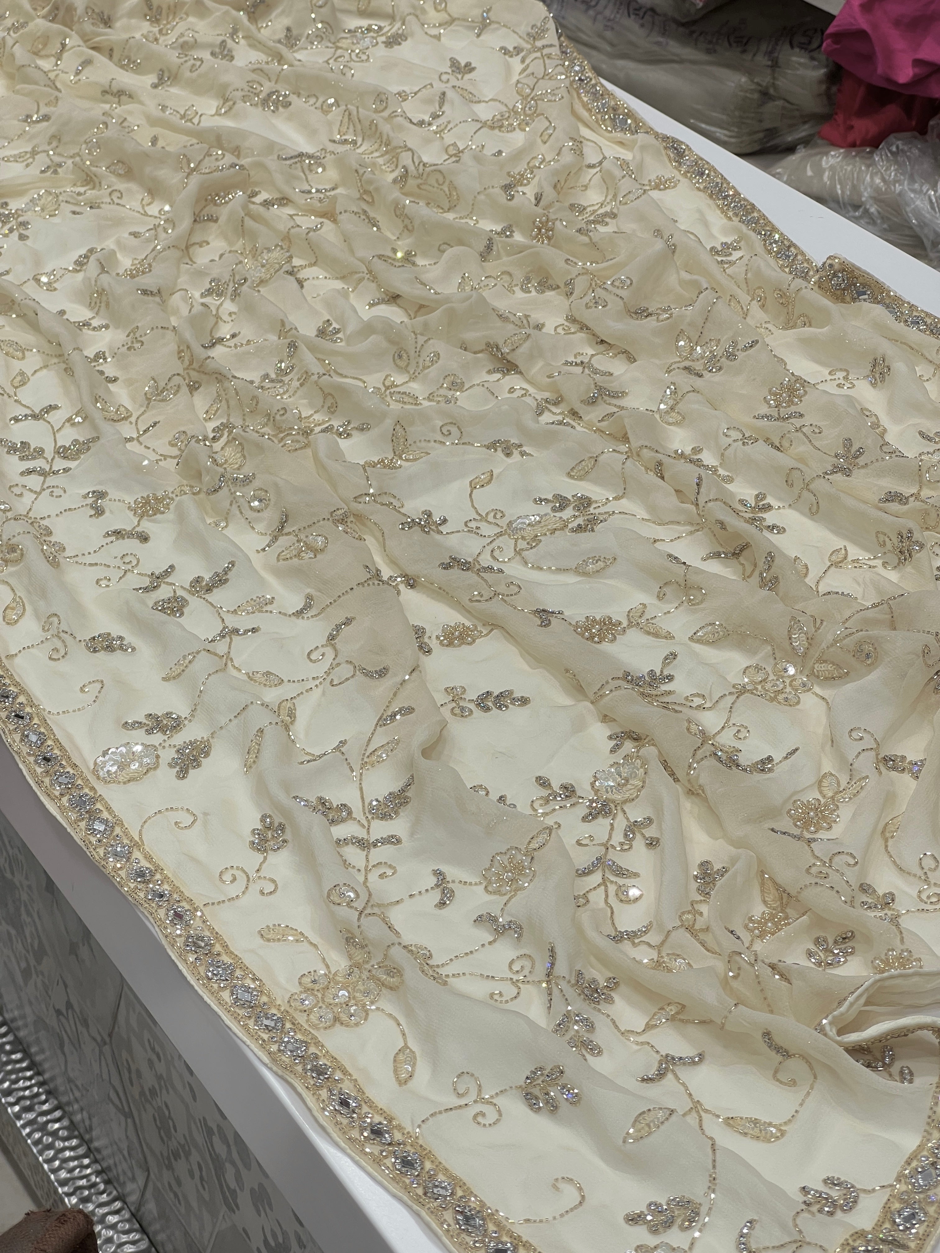 Beige Georgette Chiffon Jaal Hand Embroidery Saree