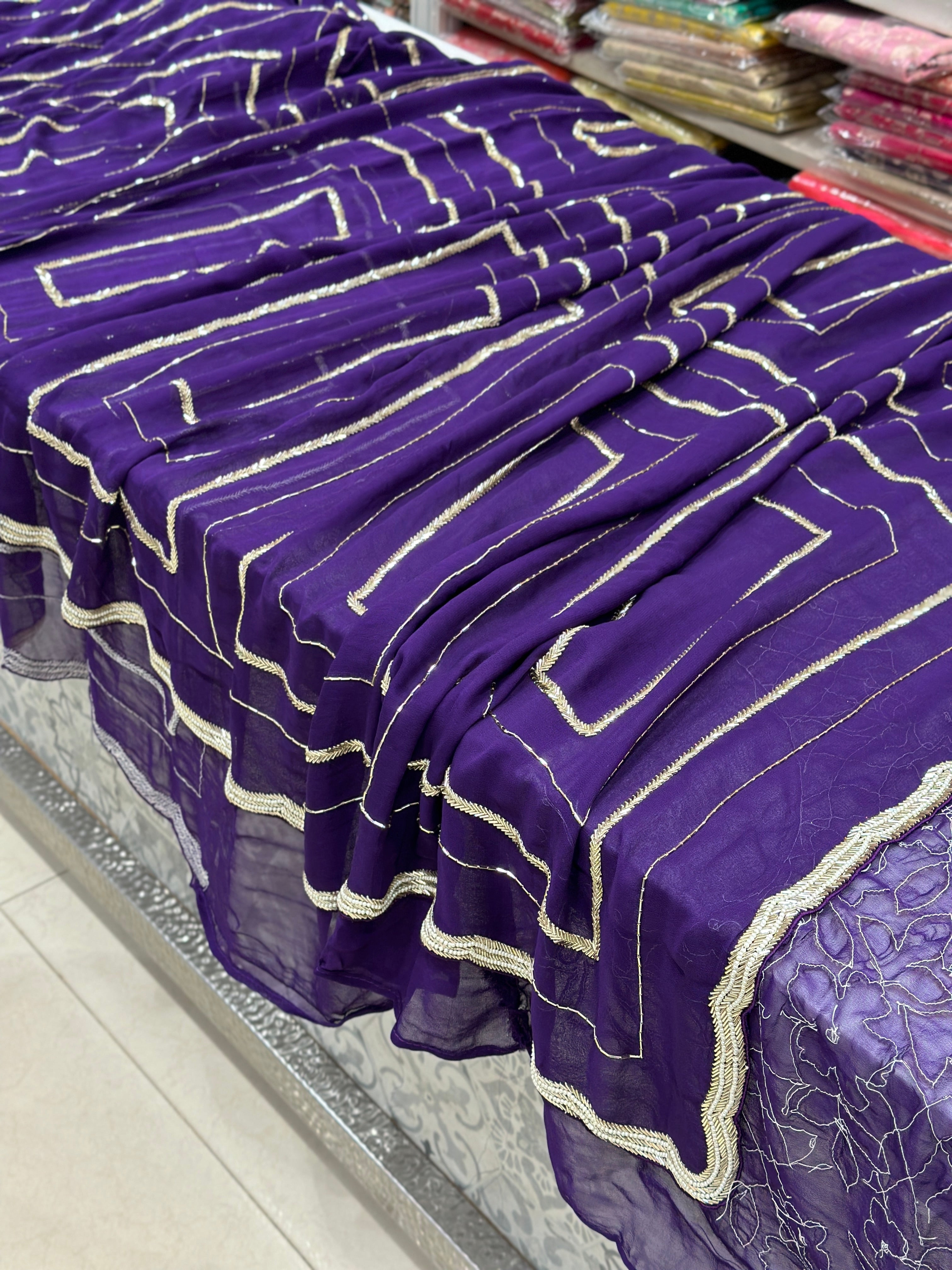Violet Georgette Hand Embroidery Contemporary Salli Work Saree