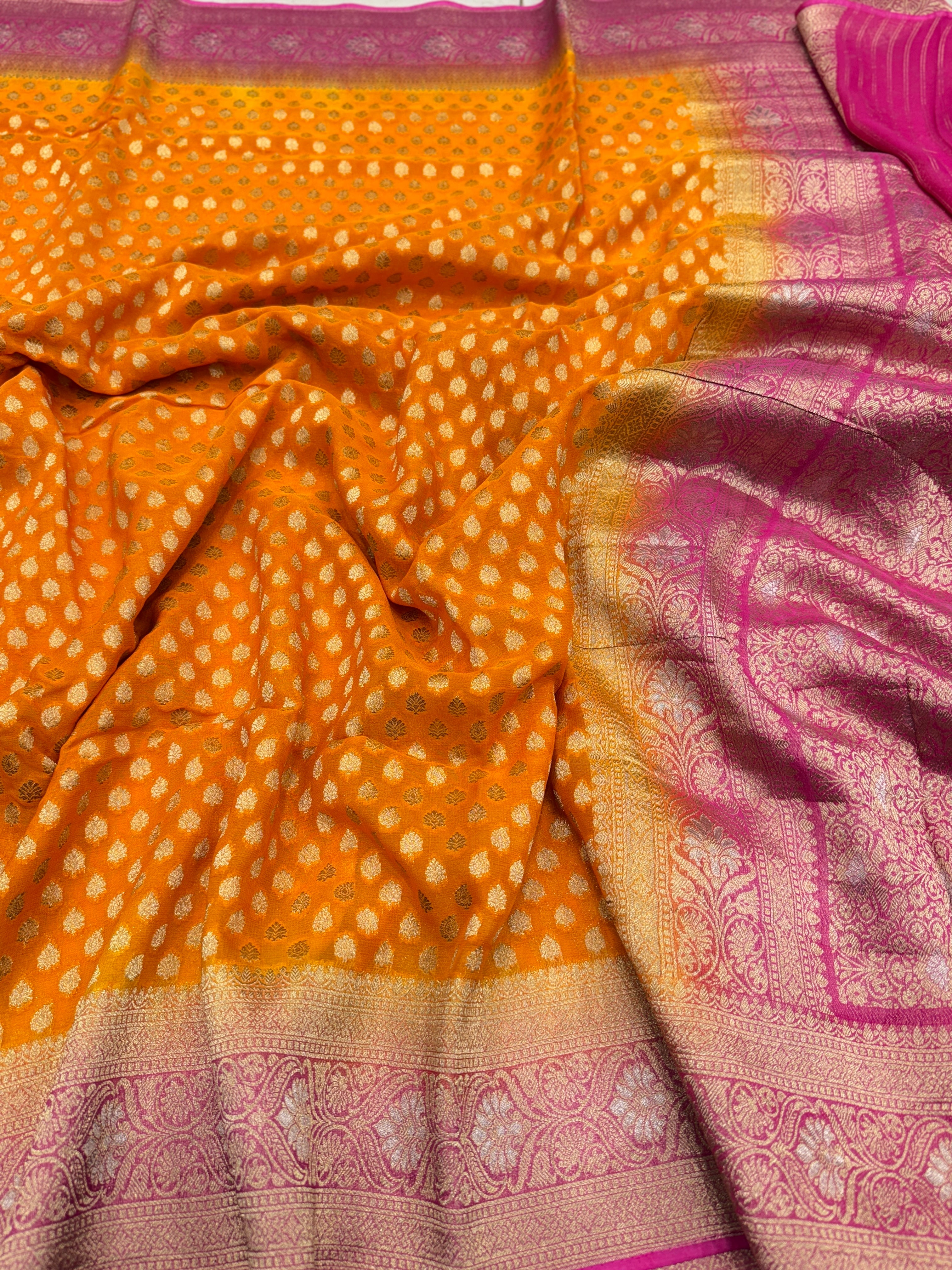 Orange Rani Banarasi Georgette Butti Saree