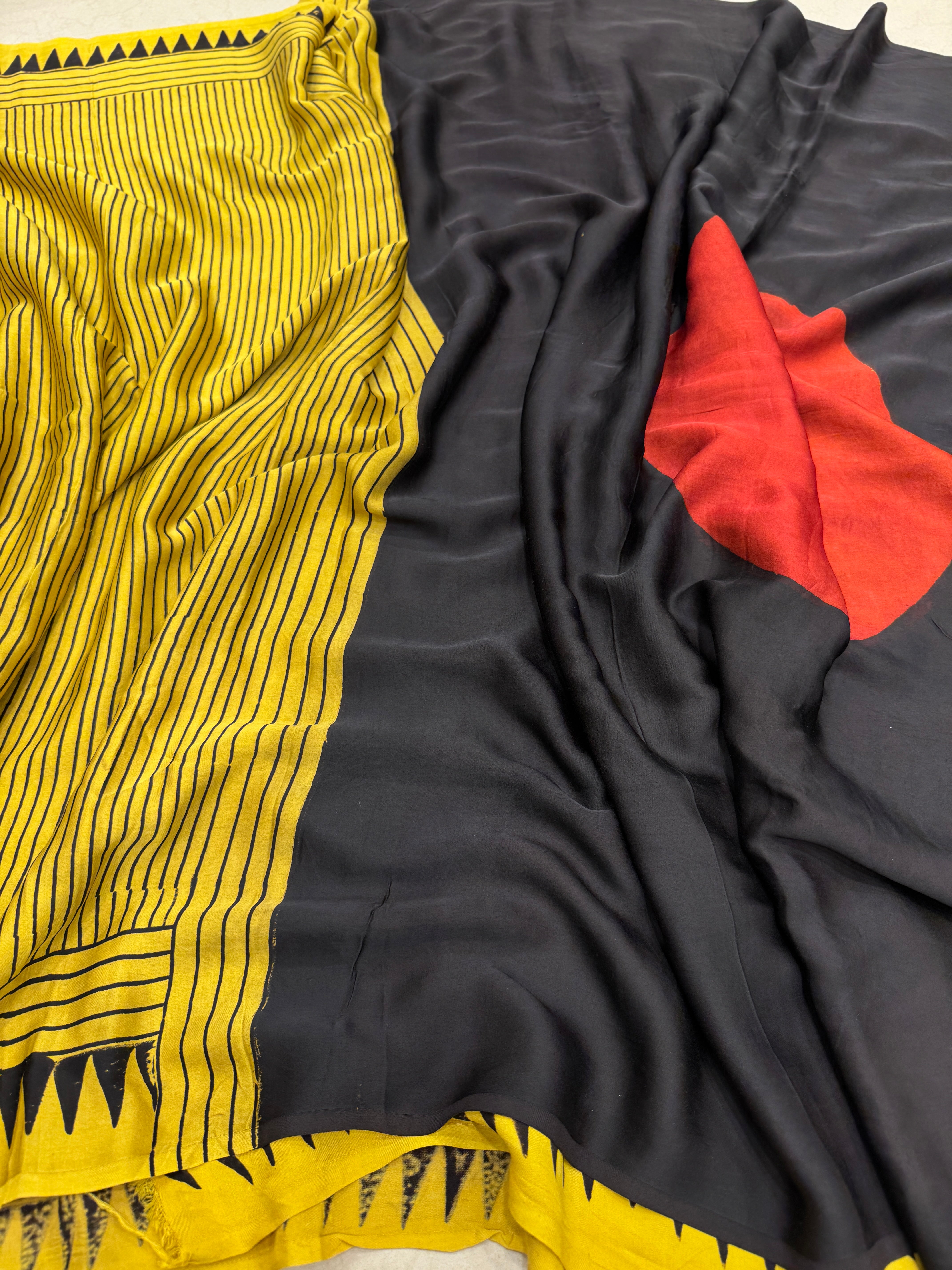 Yellow Contemporary Moon Pallu Ajrakh Saree Modal Gajji Silk Hand Block Print