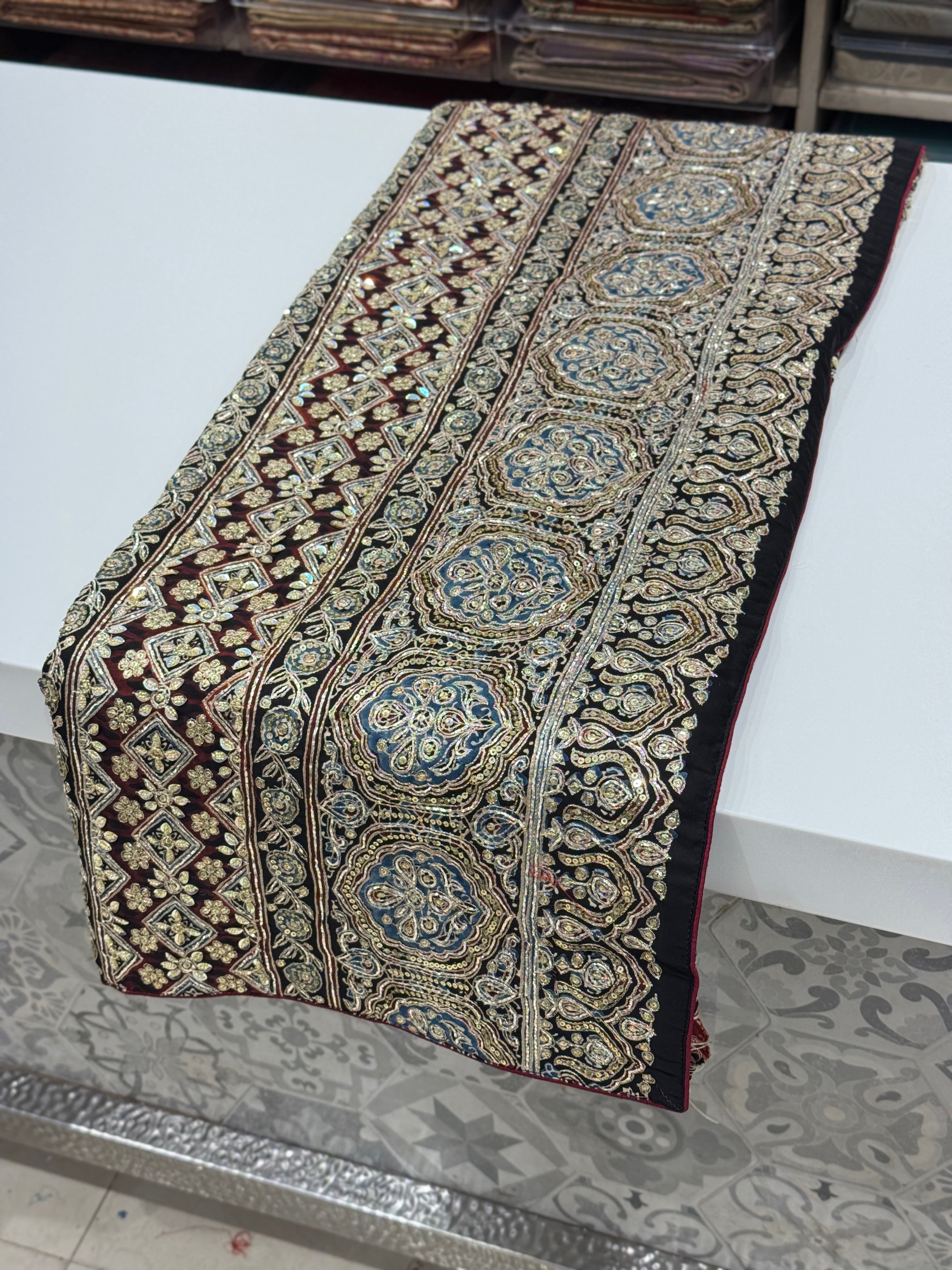 Red Black Ajrakh Hand Embroidery Saree Contemporary