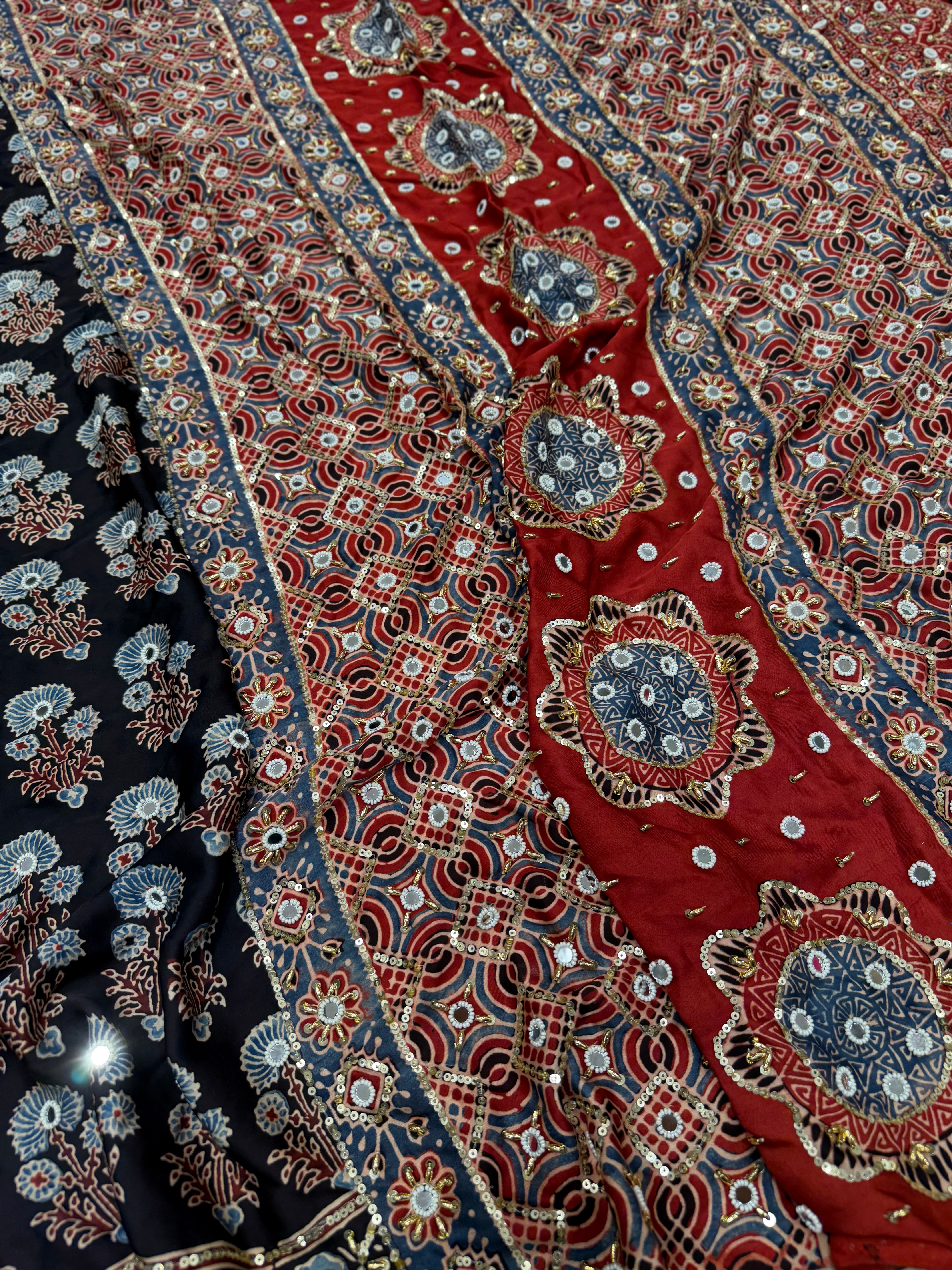 Black Red Three Floral Buttas Ajrakh Real Mirror Moti Sequin Hand Embroidery Saree