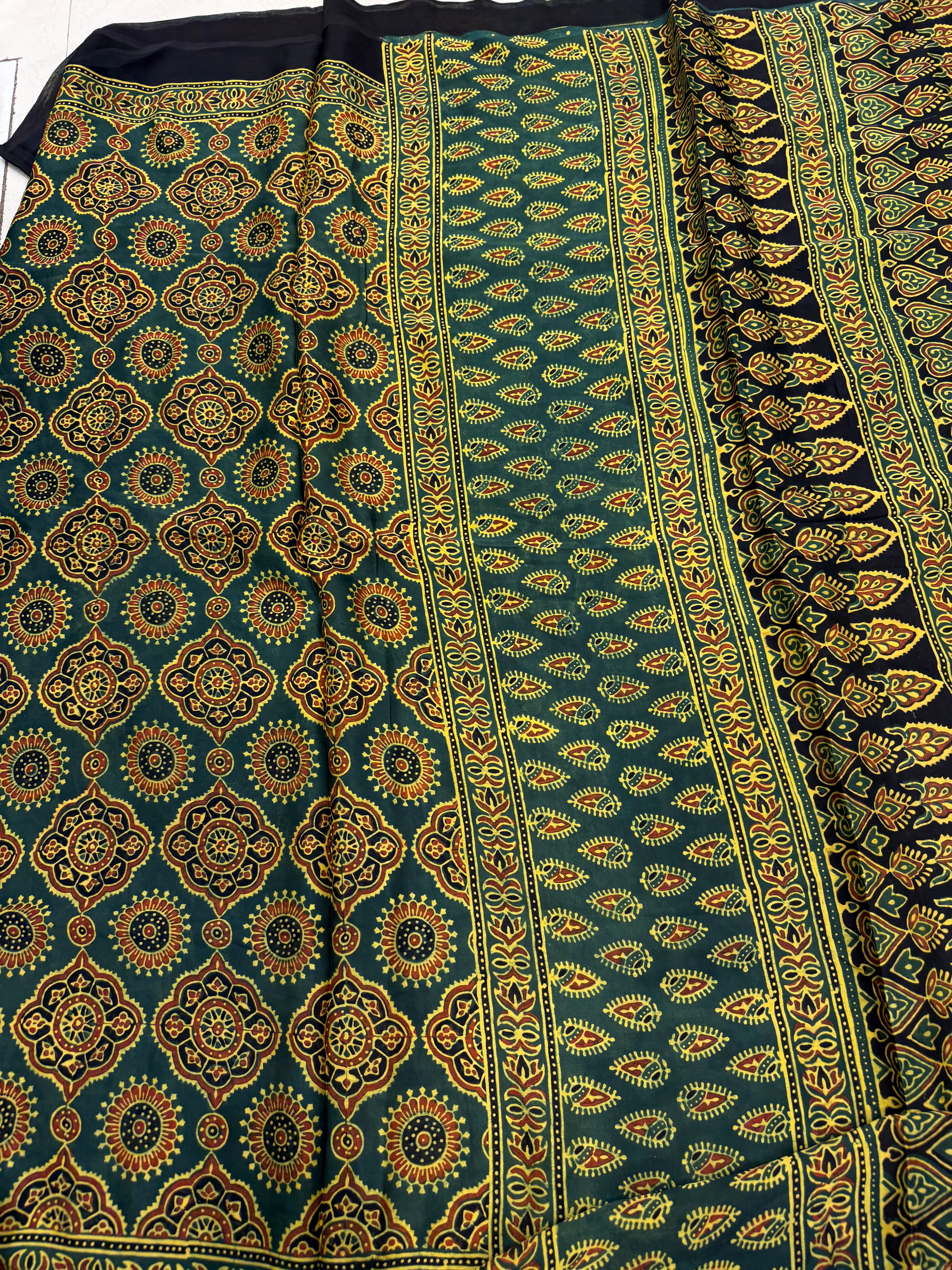 Bottle Green Badam Buttas Ajrakh Hand Block Print Pure Gajji Silk Saree