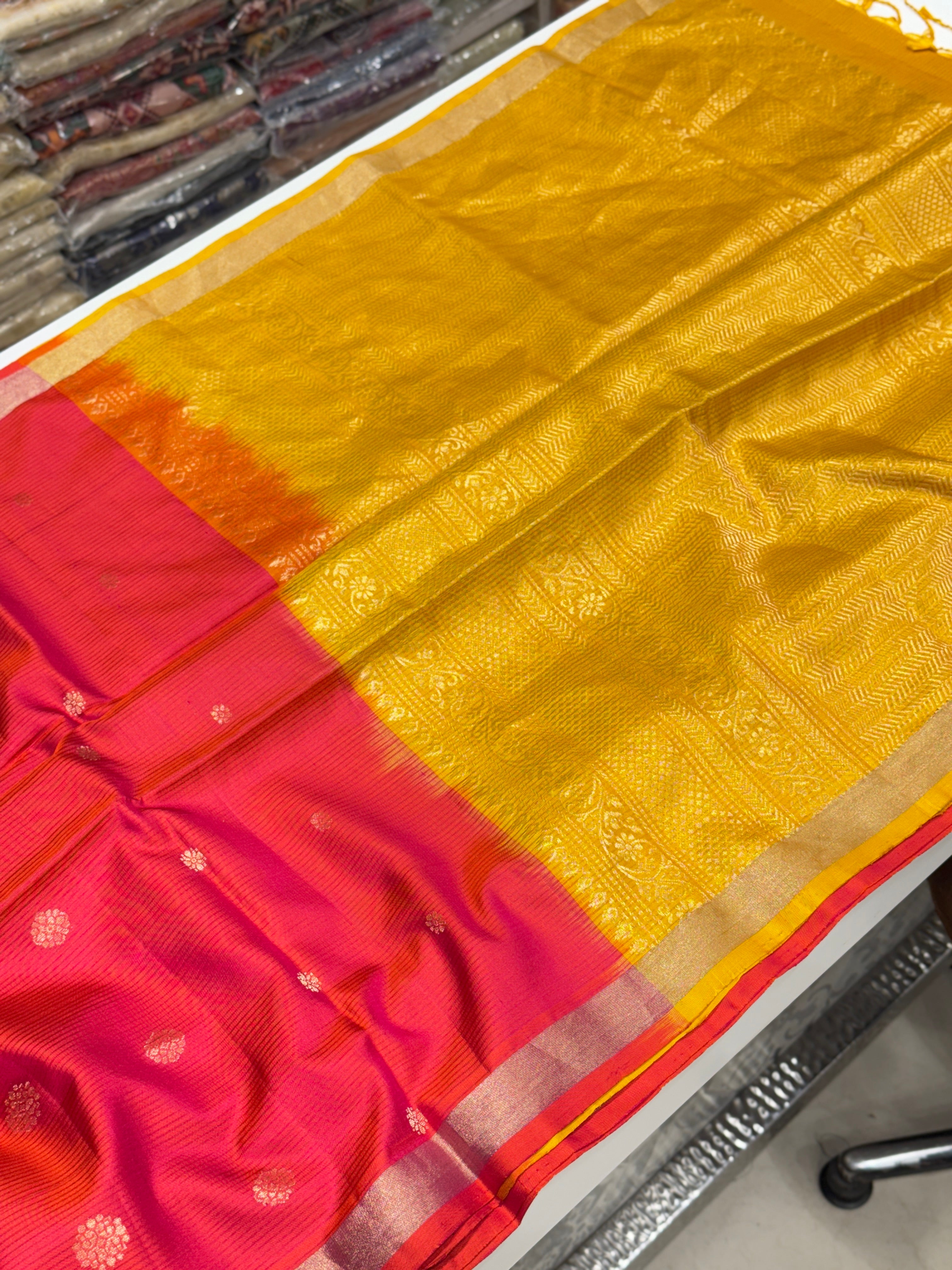 Rani with Yellow Buttis Handloom Kanchipuram Pure Silk Saree