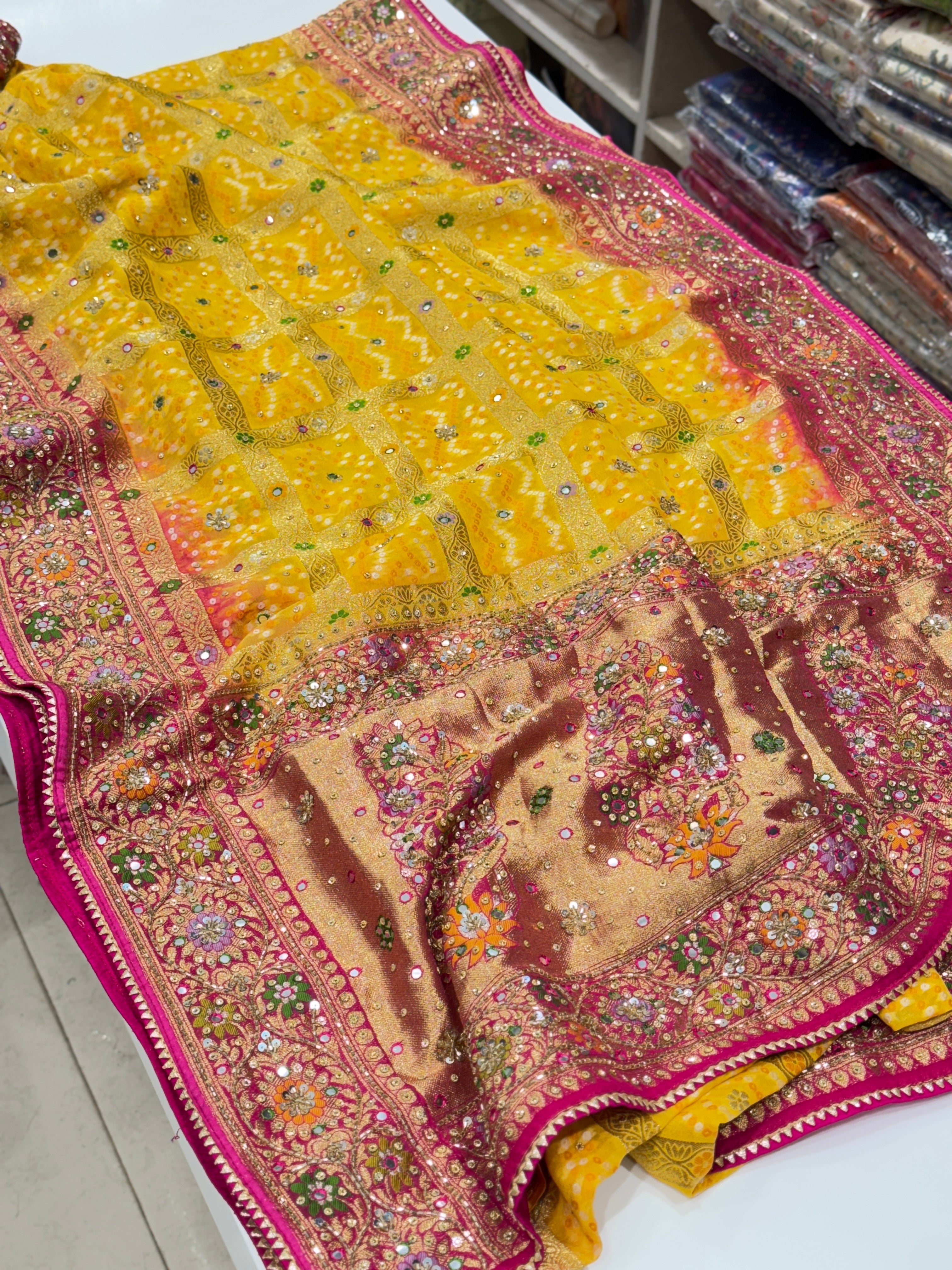 Yellow Rani Meenakari Gharchola Hand Embroidery Saree