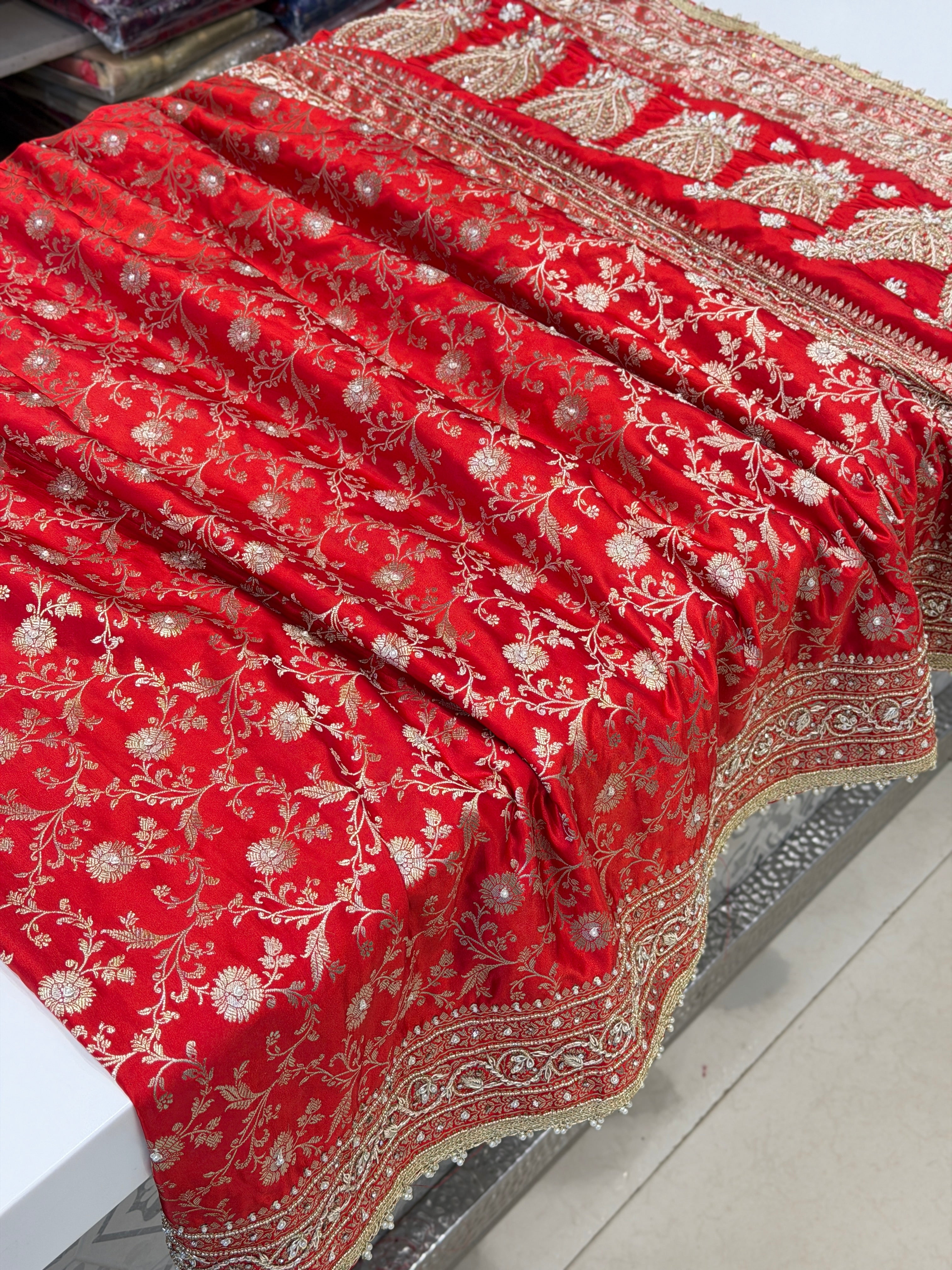 Red Banarasi Sona Roopa Jaal Zardosi Hand Embroidery Saree