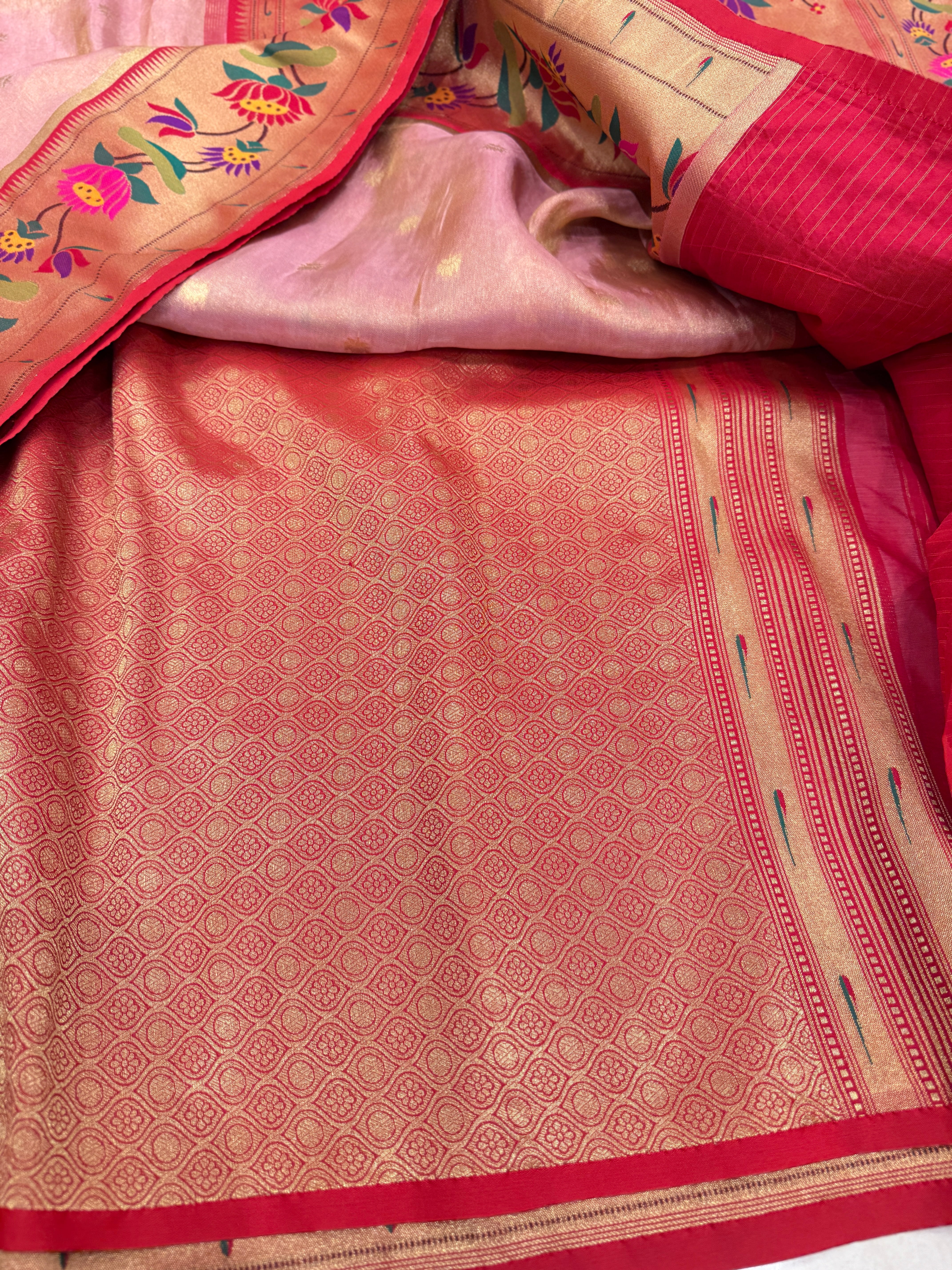 Pink Tissue Paithani Lotus Border Saree