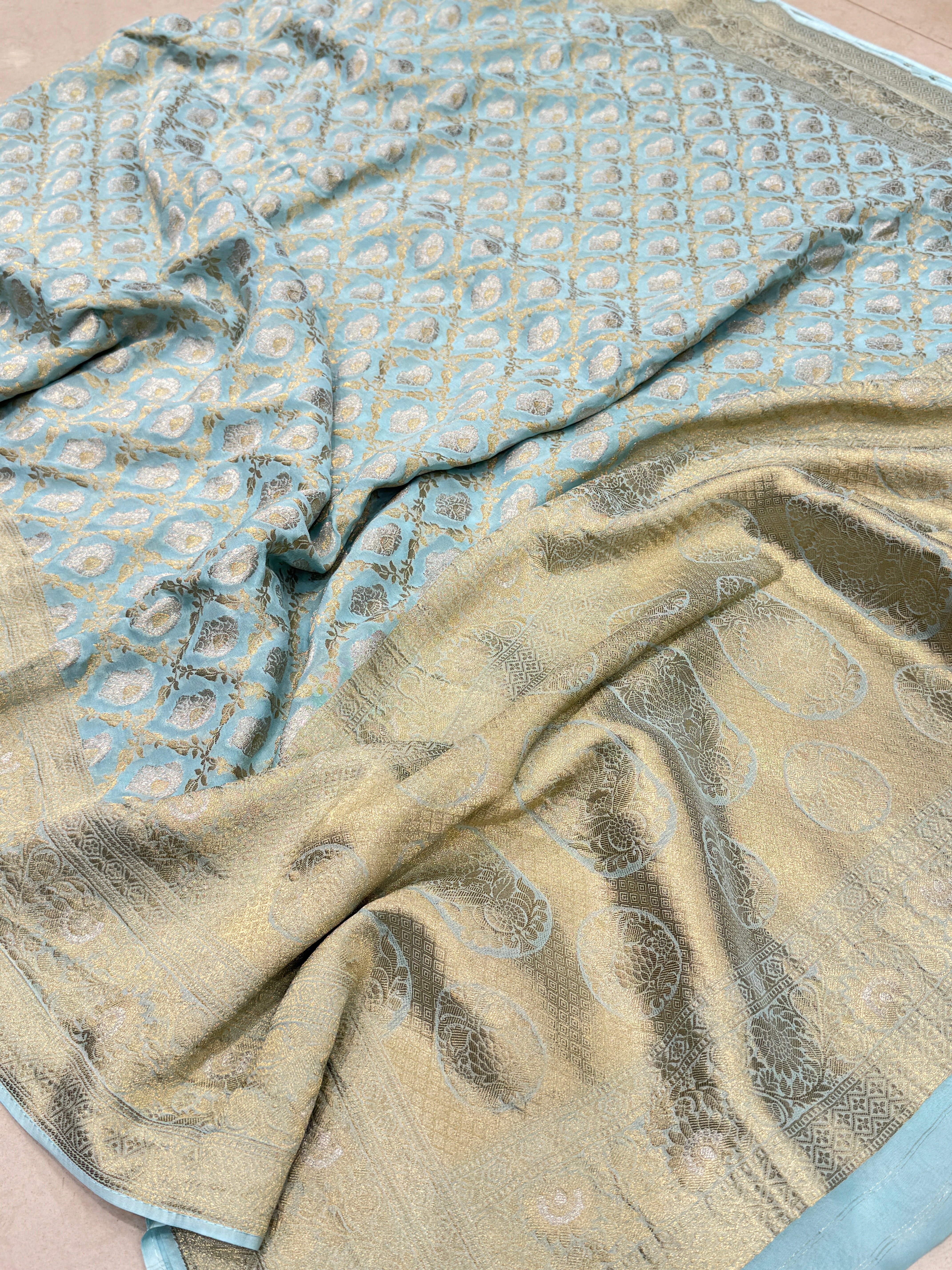 Light Blue Sliver Butta with Gold Georgette Saree