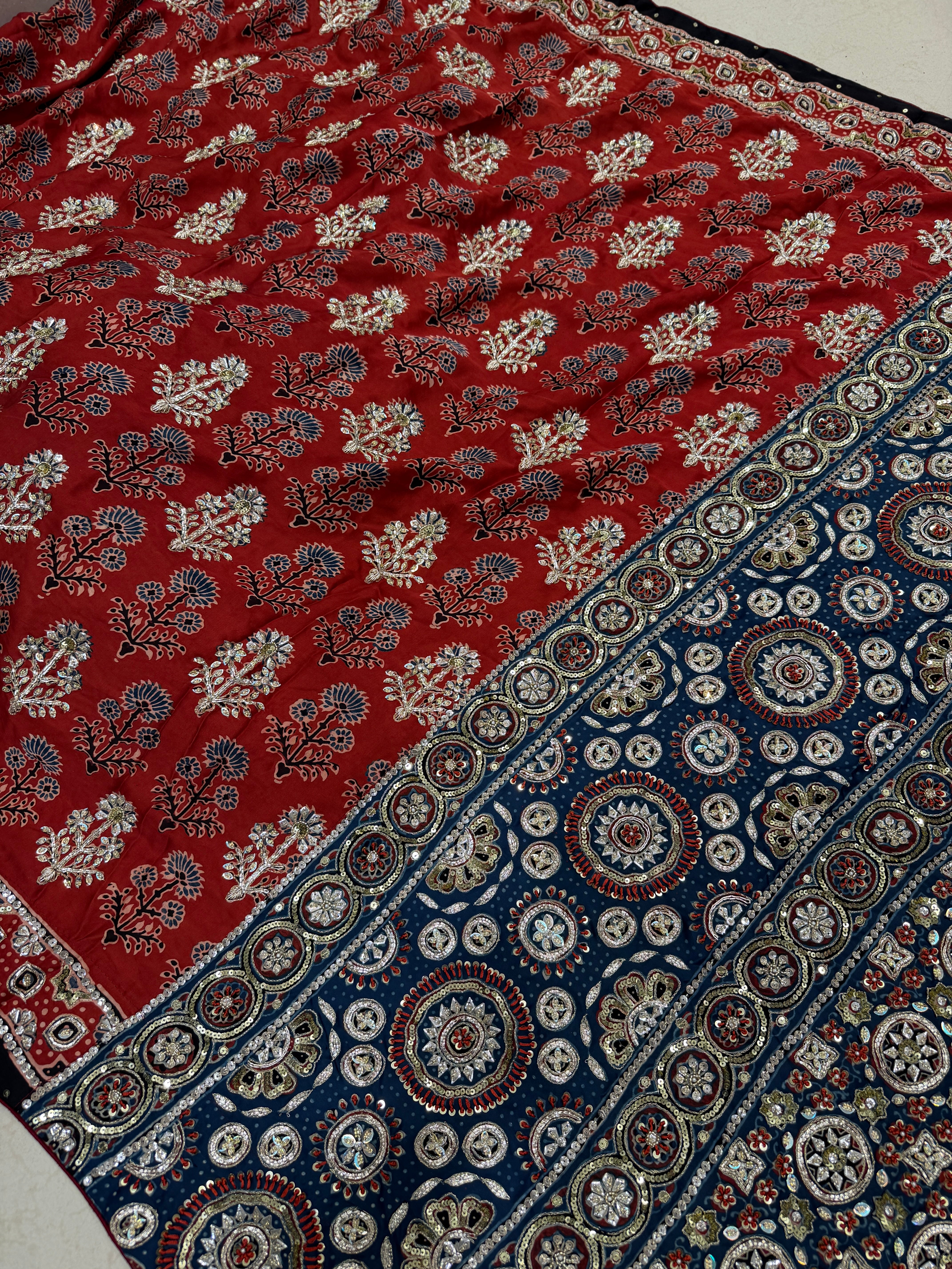 Red Blue Butta Pita Zardosi Sequin Ajrakh Hand Embroidery Saree