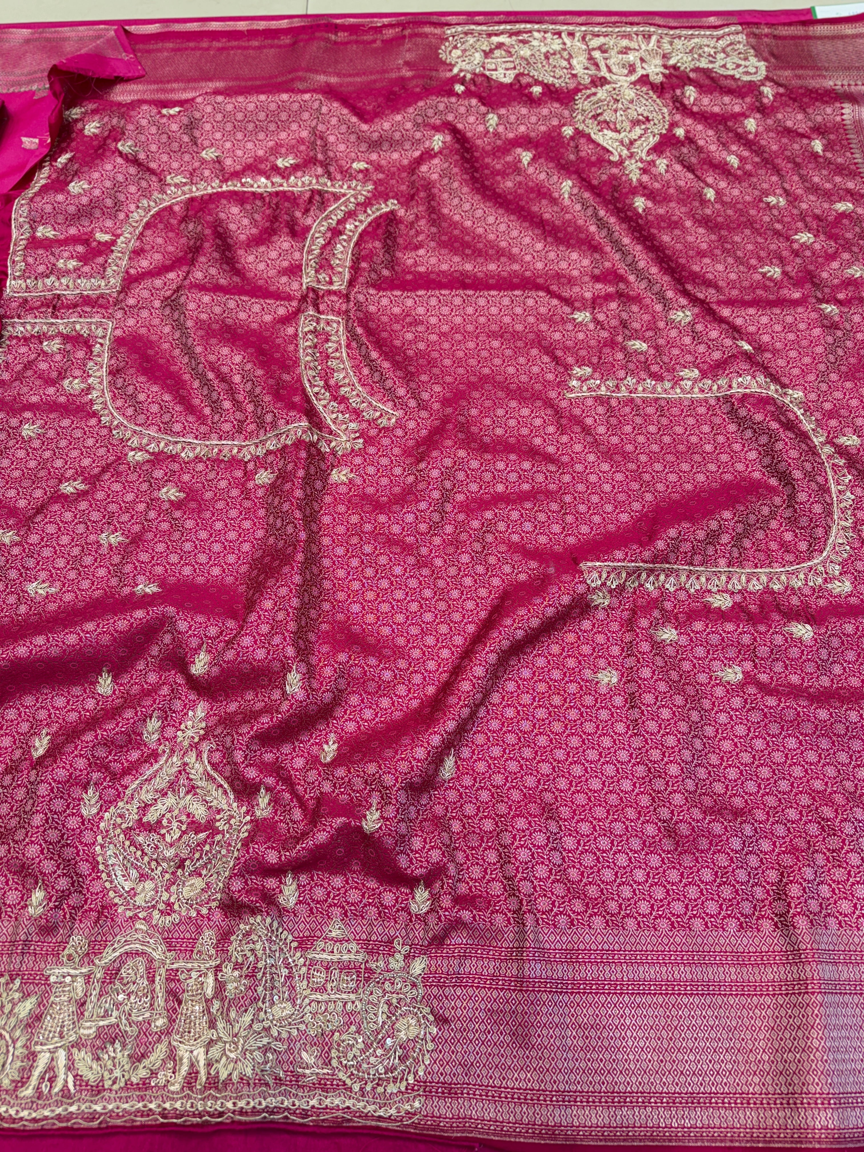 Rani Pink Banarasi Chand Butti Zardosi Doli Edit Hand Embroidery Saree