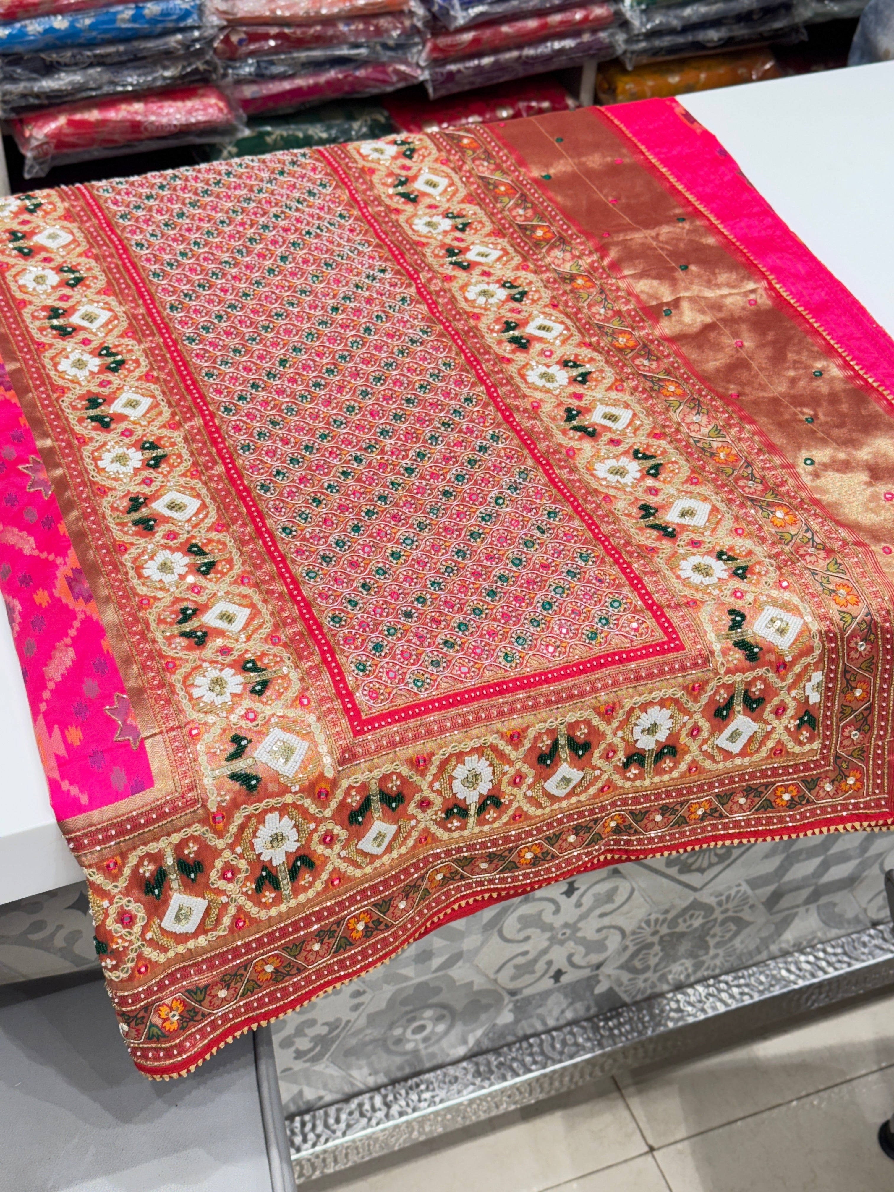 Rani Patola Kutchi Moti Embroidery Saree