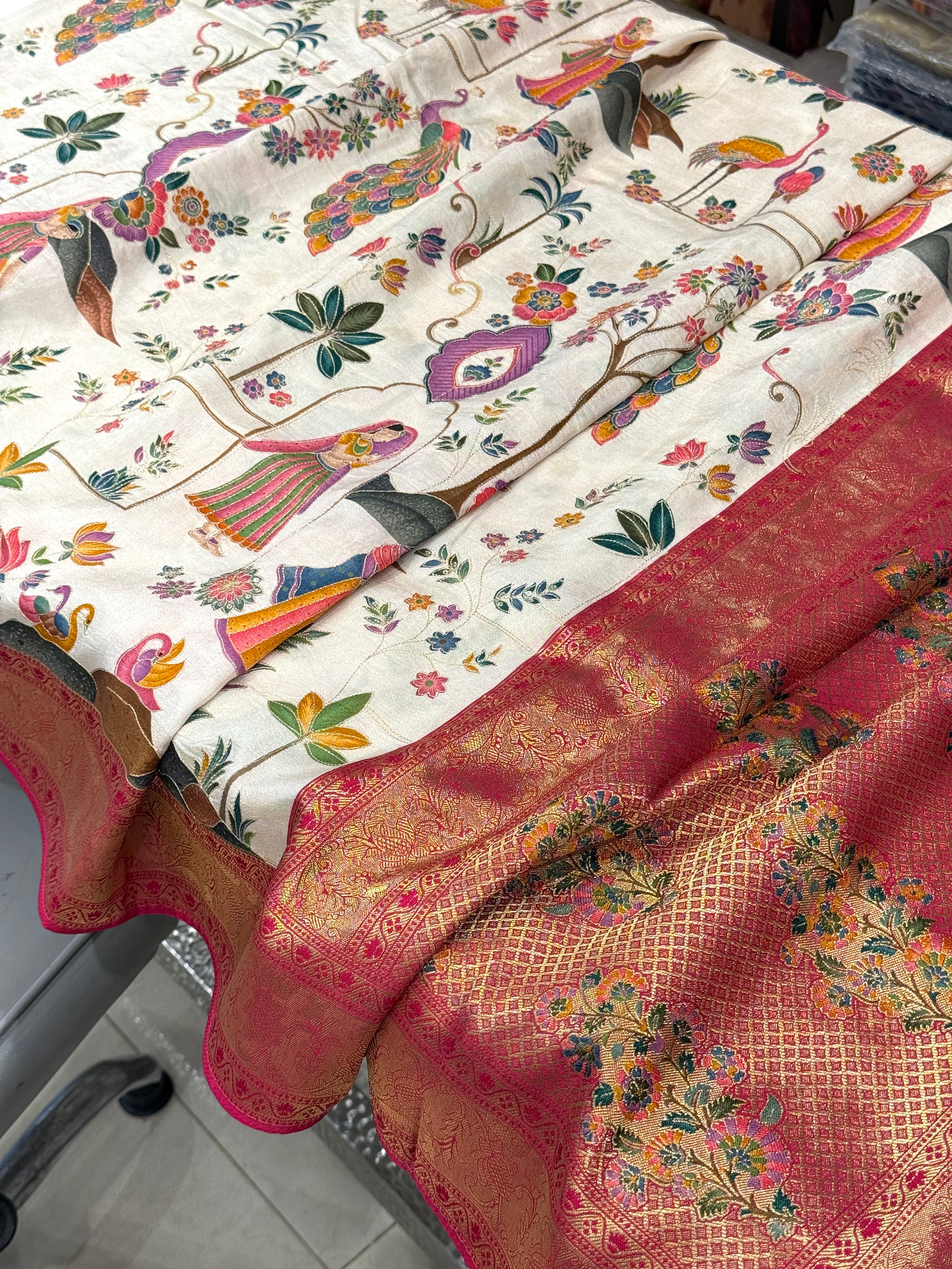 Off White Munga Silk Saree With Pita Embroidery