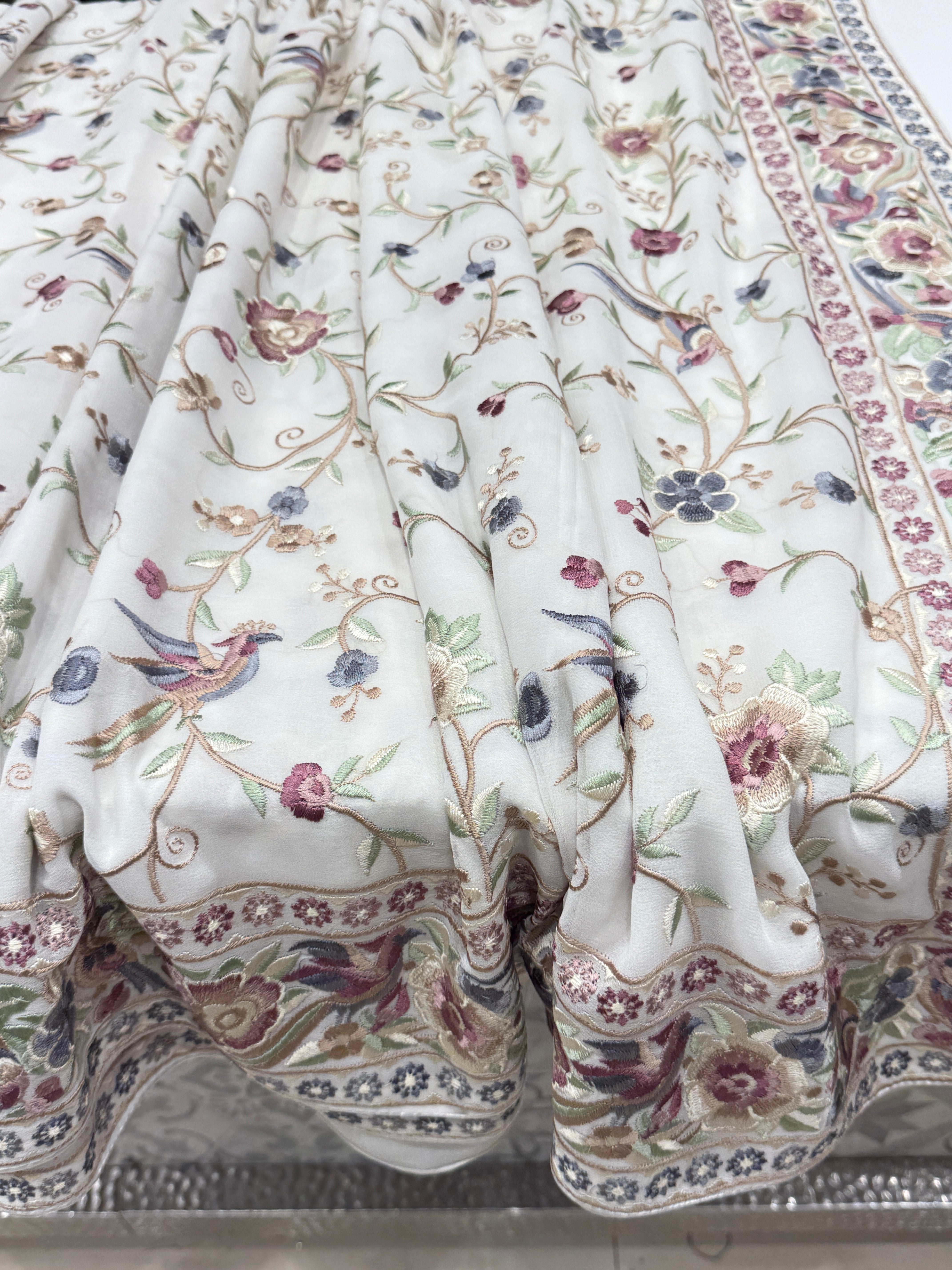 White Georgette Multi Colour Jaal Floral Parsi Gara Saree