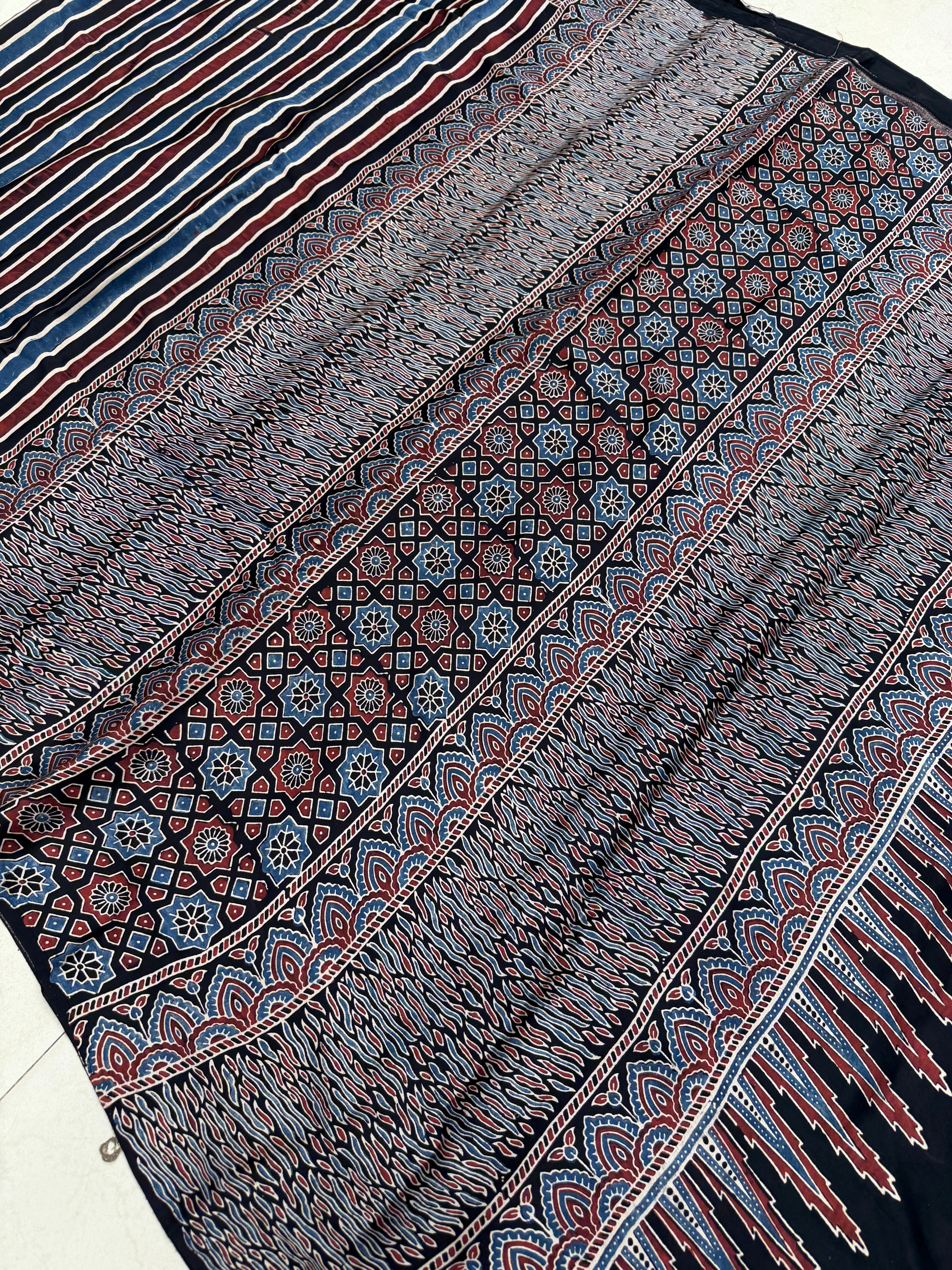 Black Contemporary Ajrakh Hand Block Print Pure Gajji Silk Saree
