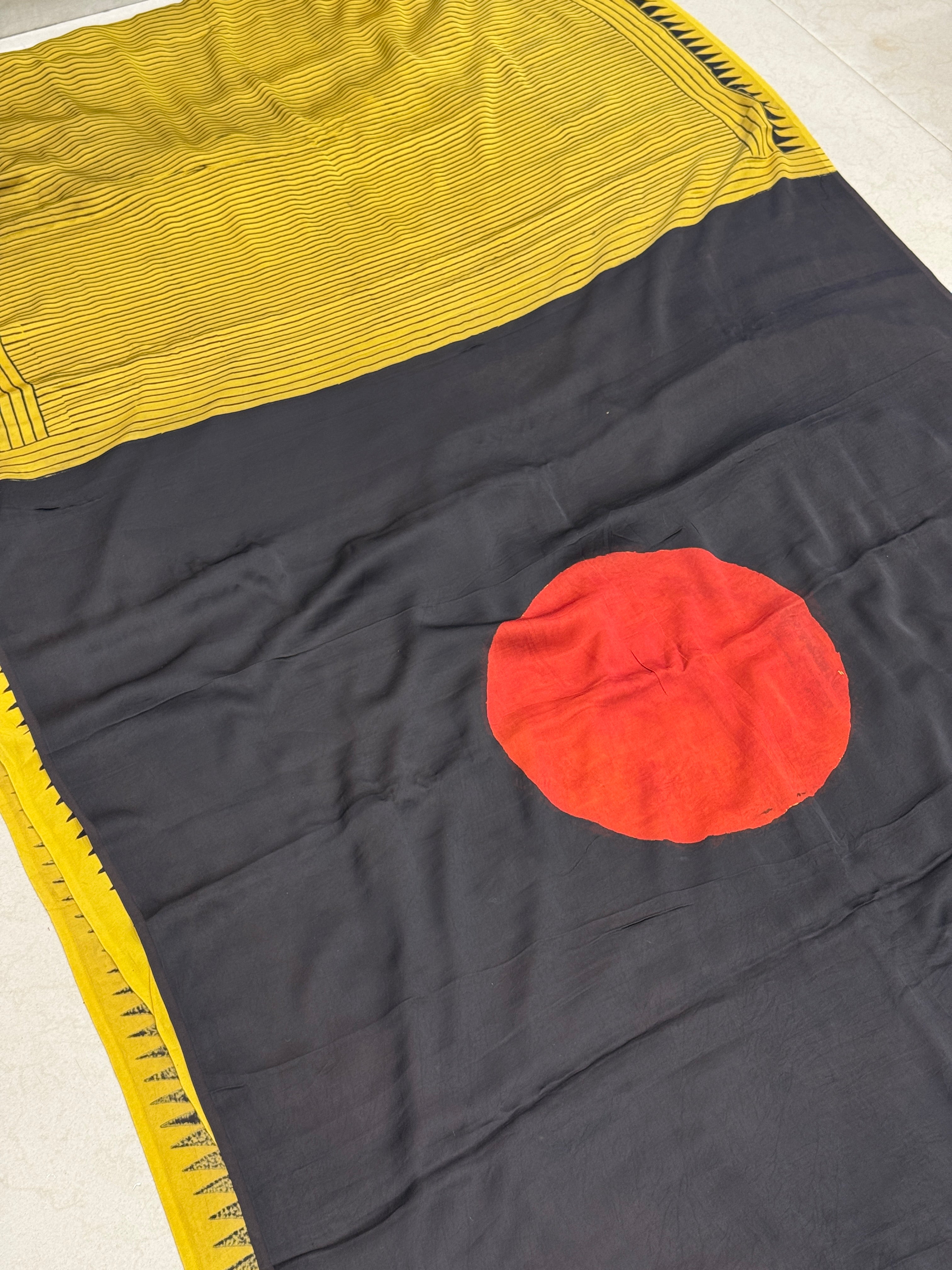 Yellow Contemporary Moon Pallu Ajrakh Saree Modal Gajji Silk Hand Block Print