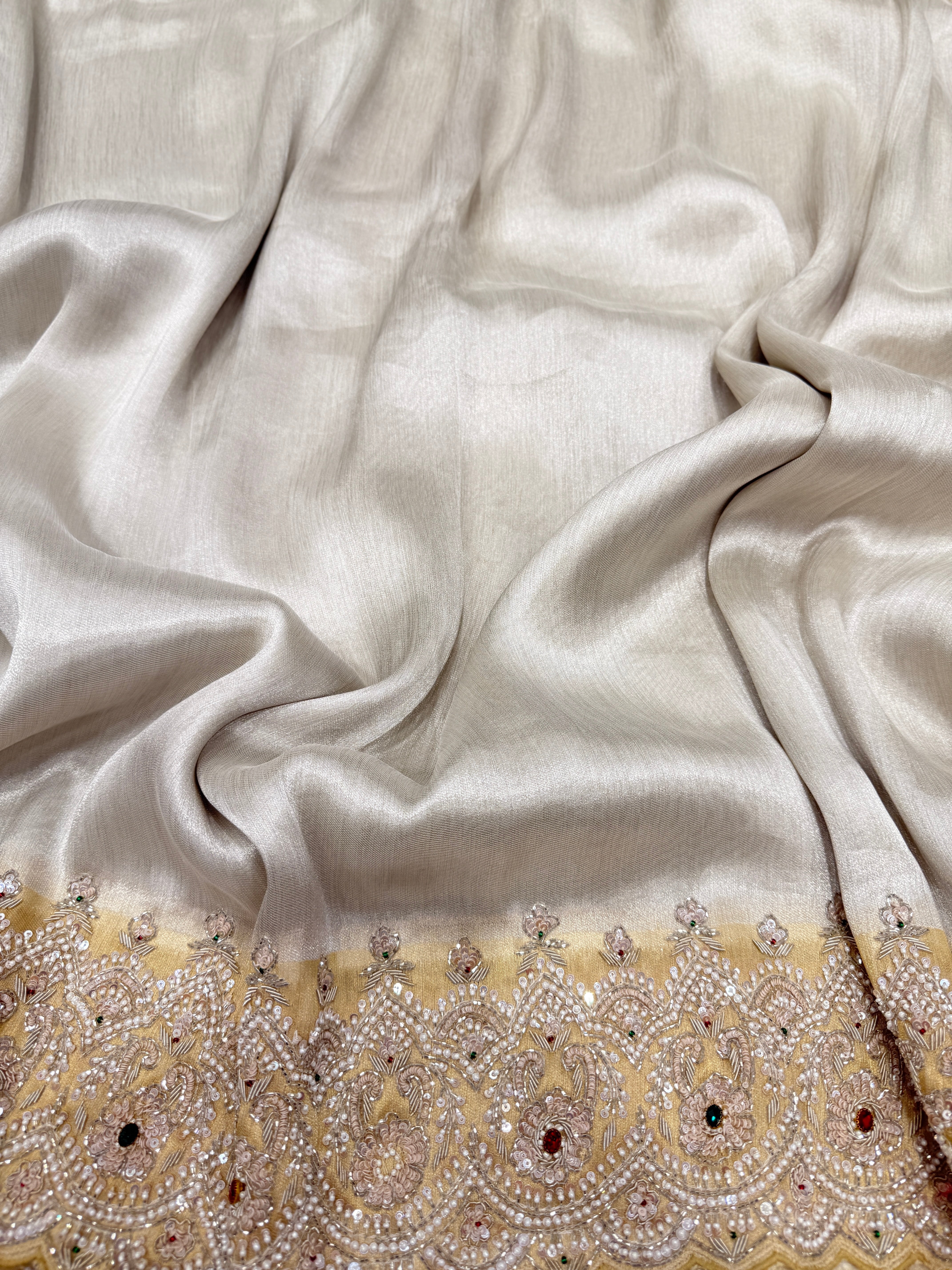 Silver Gold Tissue Hand Embroidery Crystal Embroidery Saree