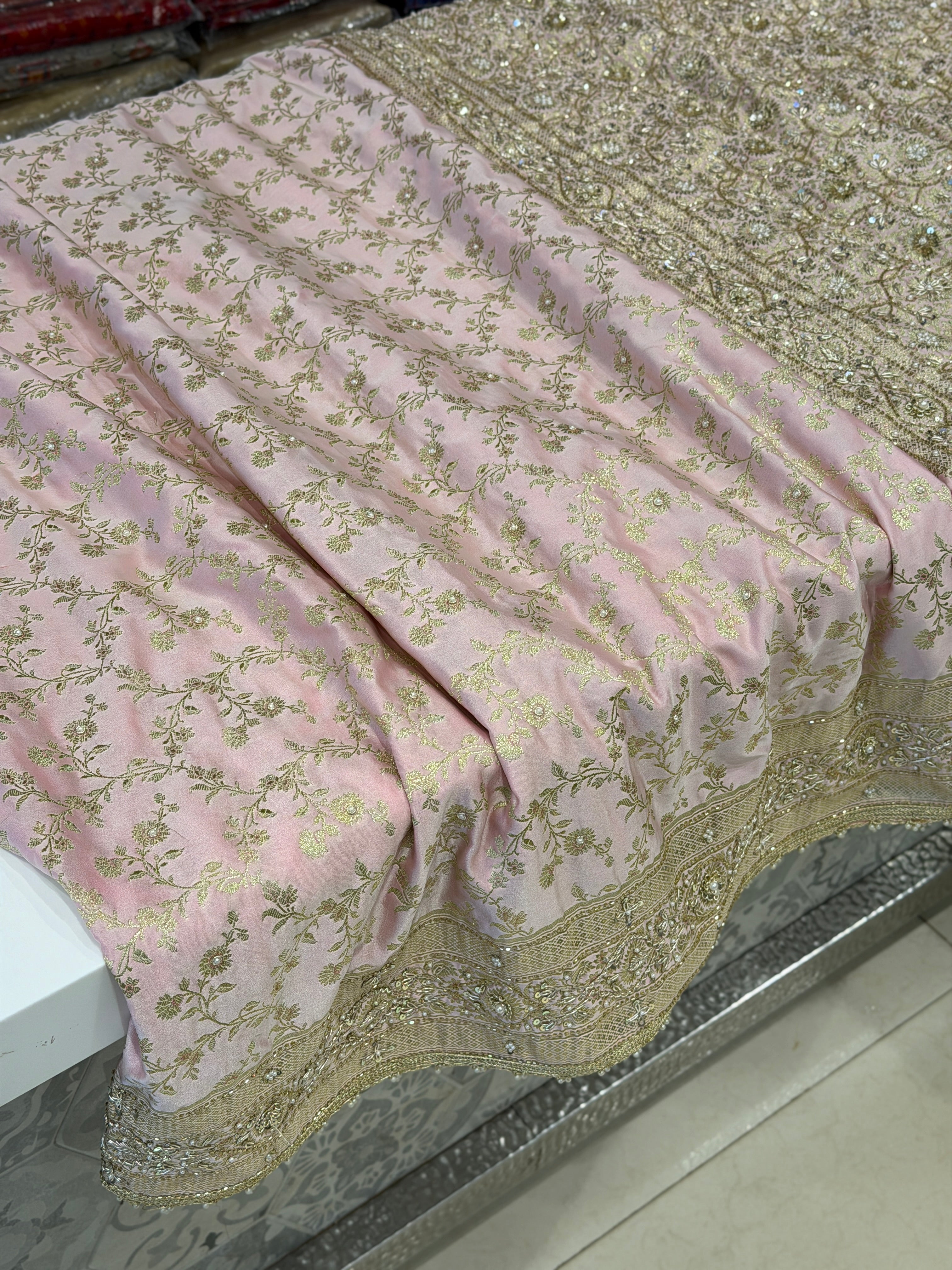 Light Pink Banarasi Flower Border Zardosi Hand Embroidery Saree