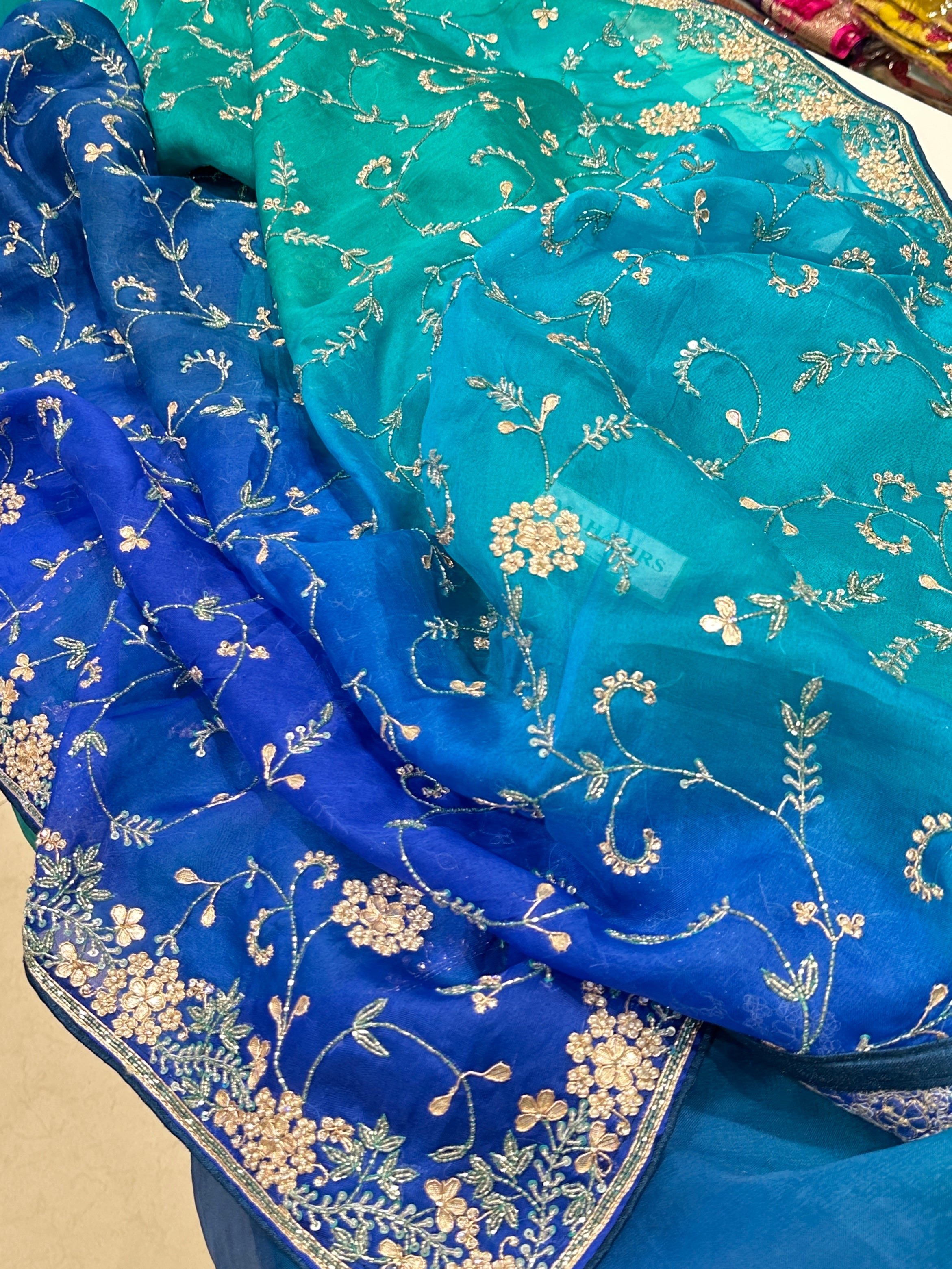 Blue Shaded Pure Organza Embroidery Saree