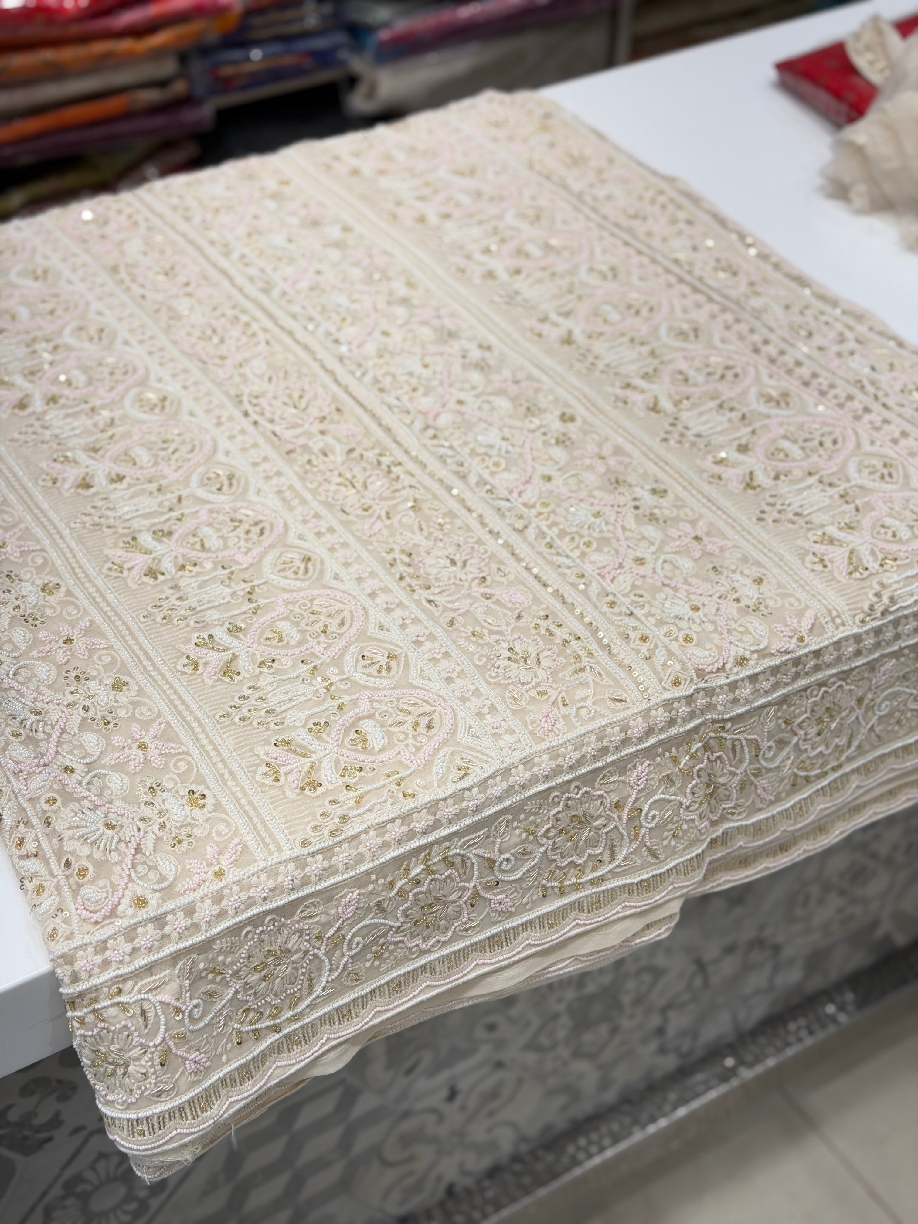White Chikankari Kidiya Moti Zardosi Hand Embroidery Saree