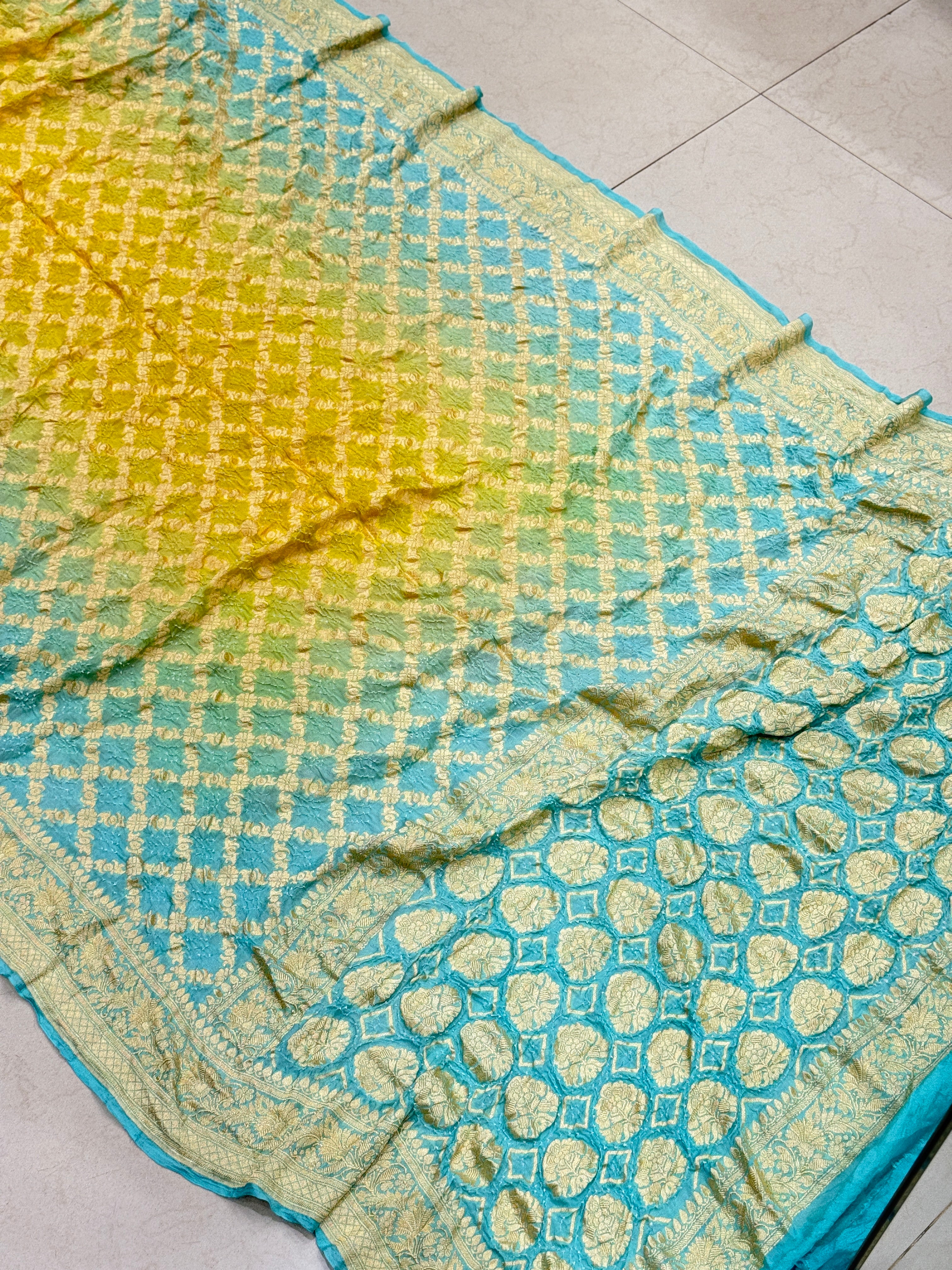 Blue Yellow Shaded Floral Border Bandhej Bandhini Saree