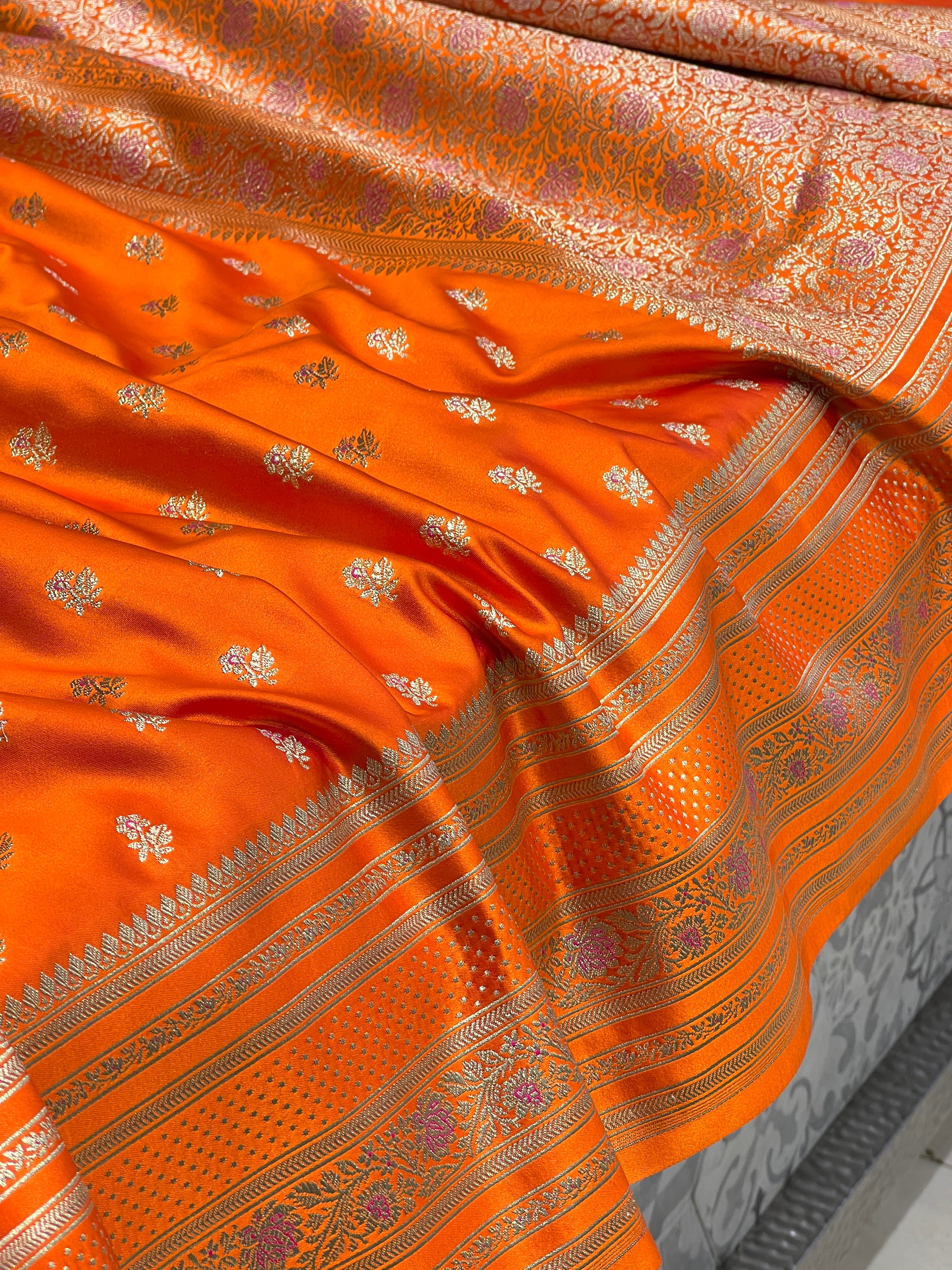 Orange Banarasi Silk Big Border Butti Saree