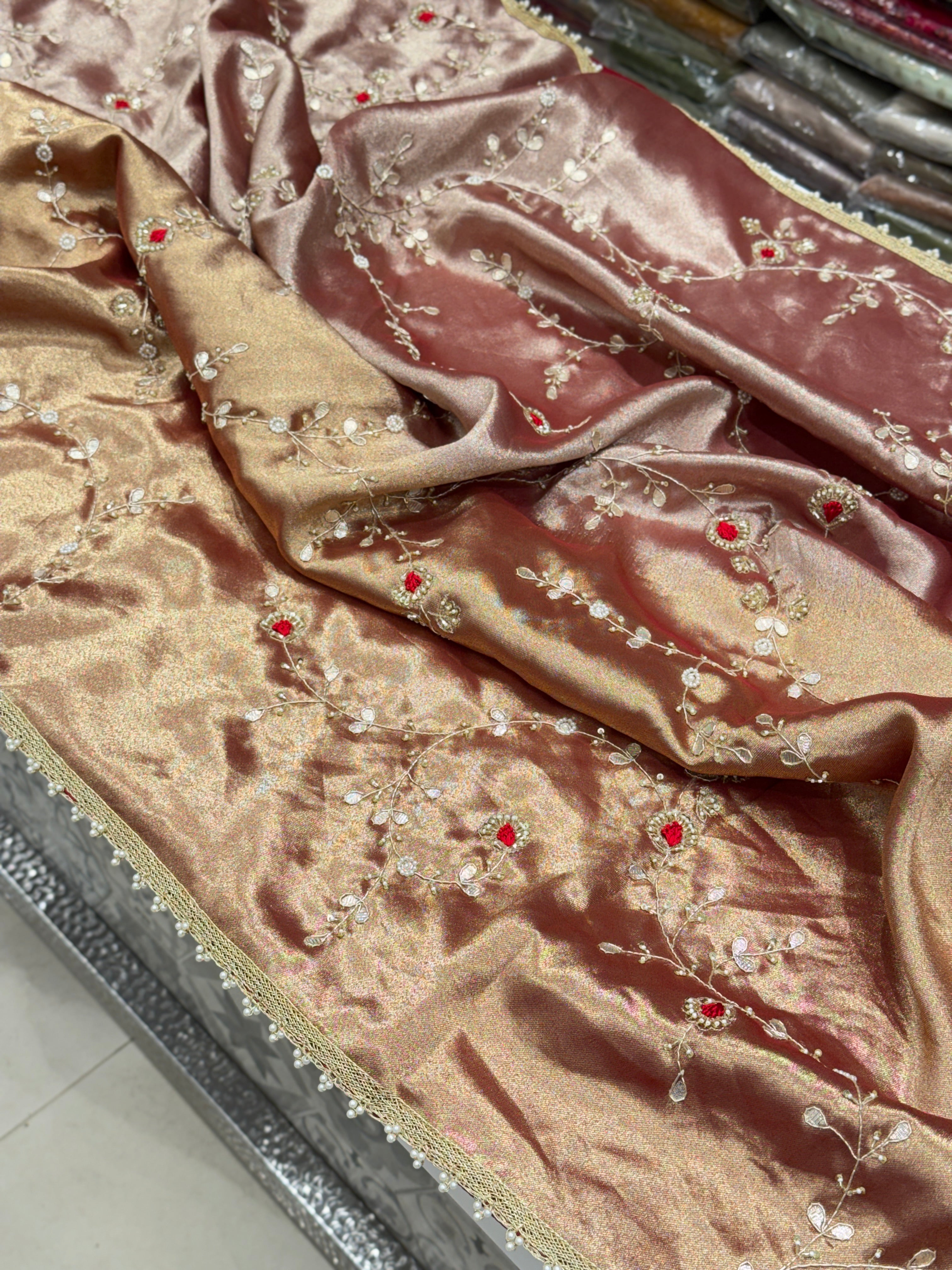 Red Tissue Zardosi Gota Resham Hand Embroidery Jaal Saree