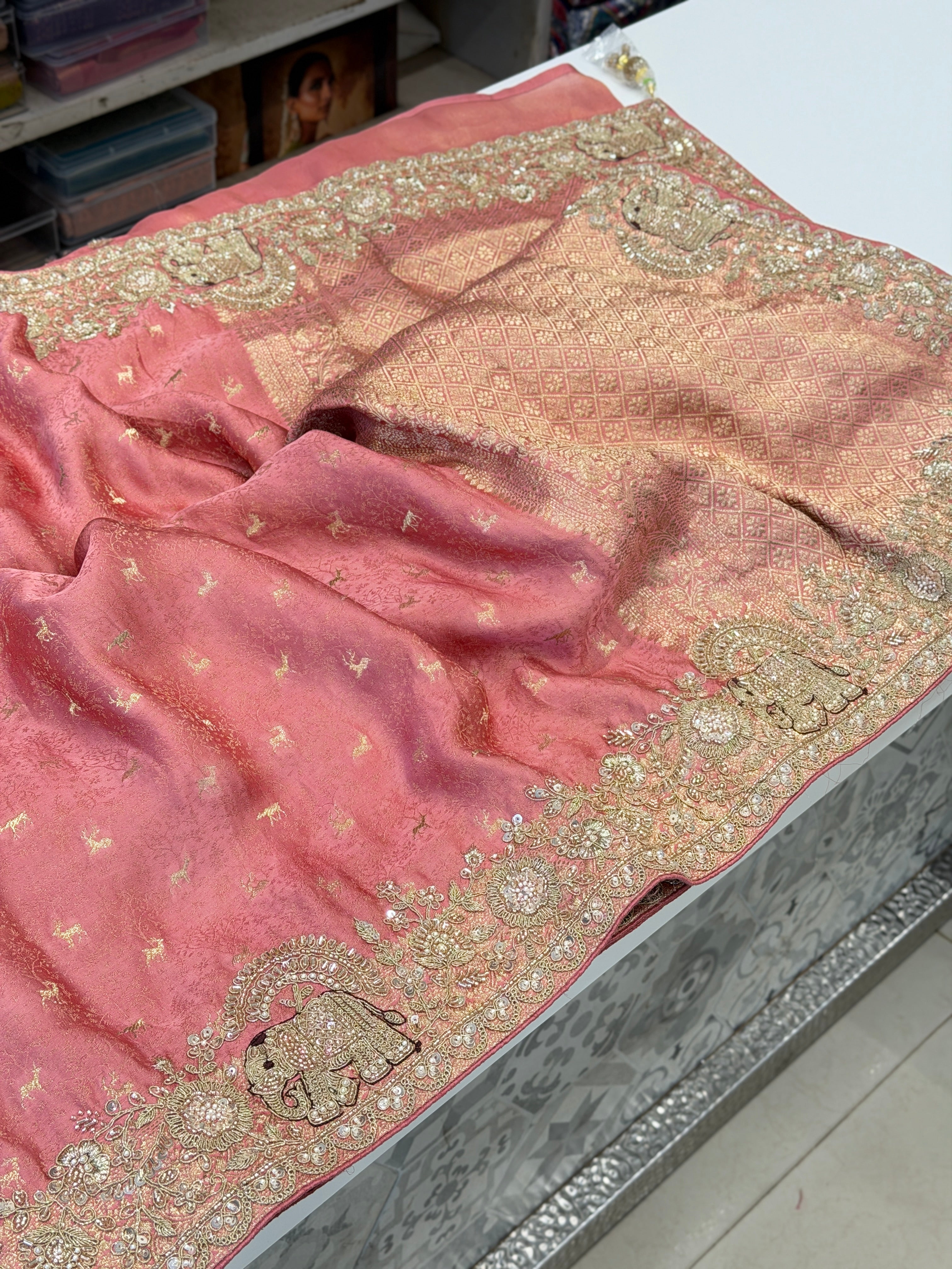 Pink Banarasi Mushru Silk Elephant Motif Embroidery Saree
