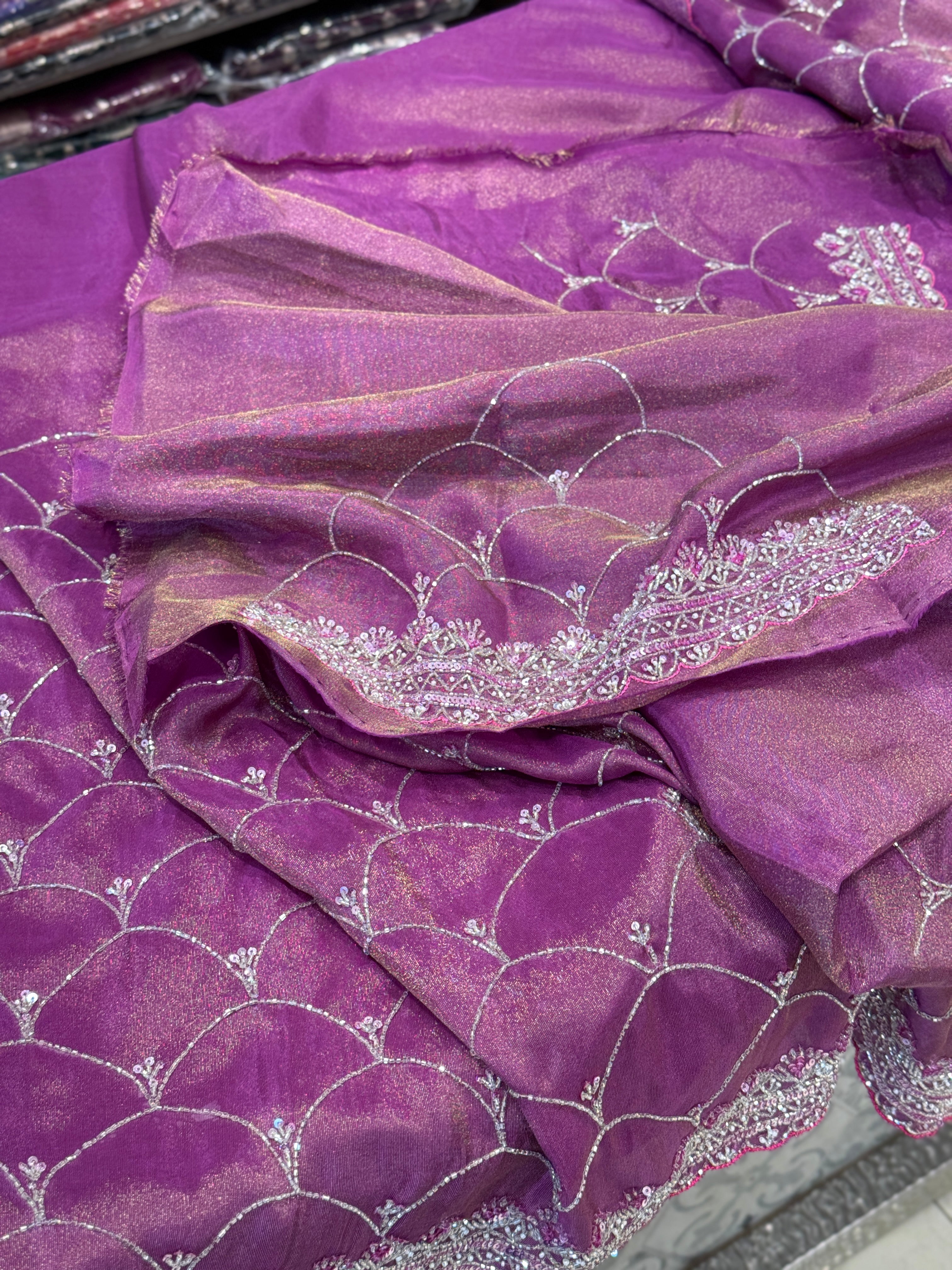Cross Violet Rani Crepe Tissue Embroidery Saree