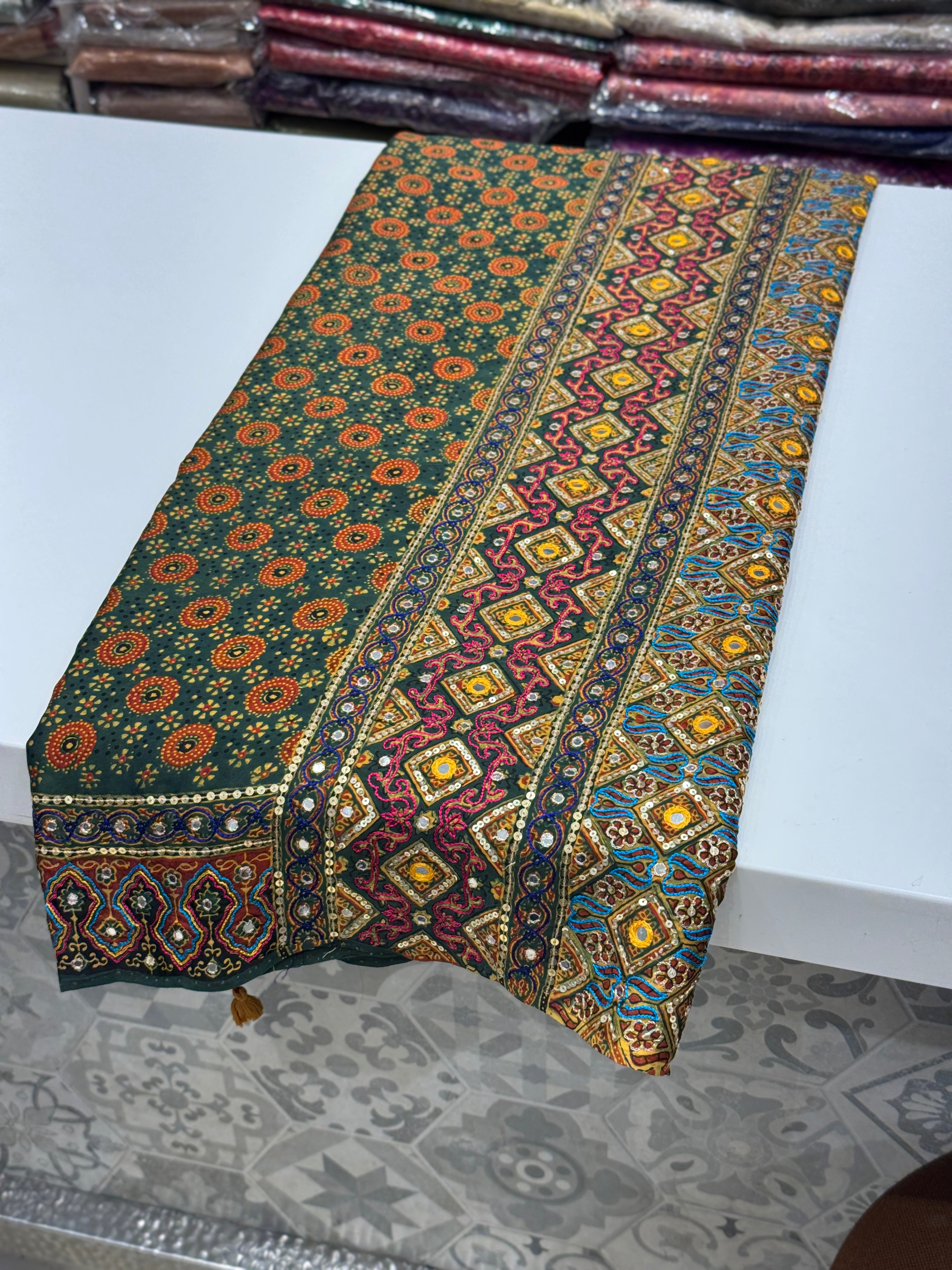 Green Kutchi Hand Embroidery Ajrakh Saree