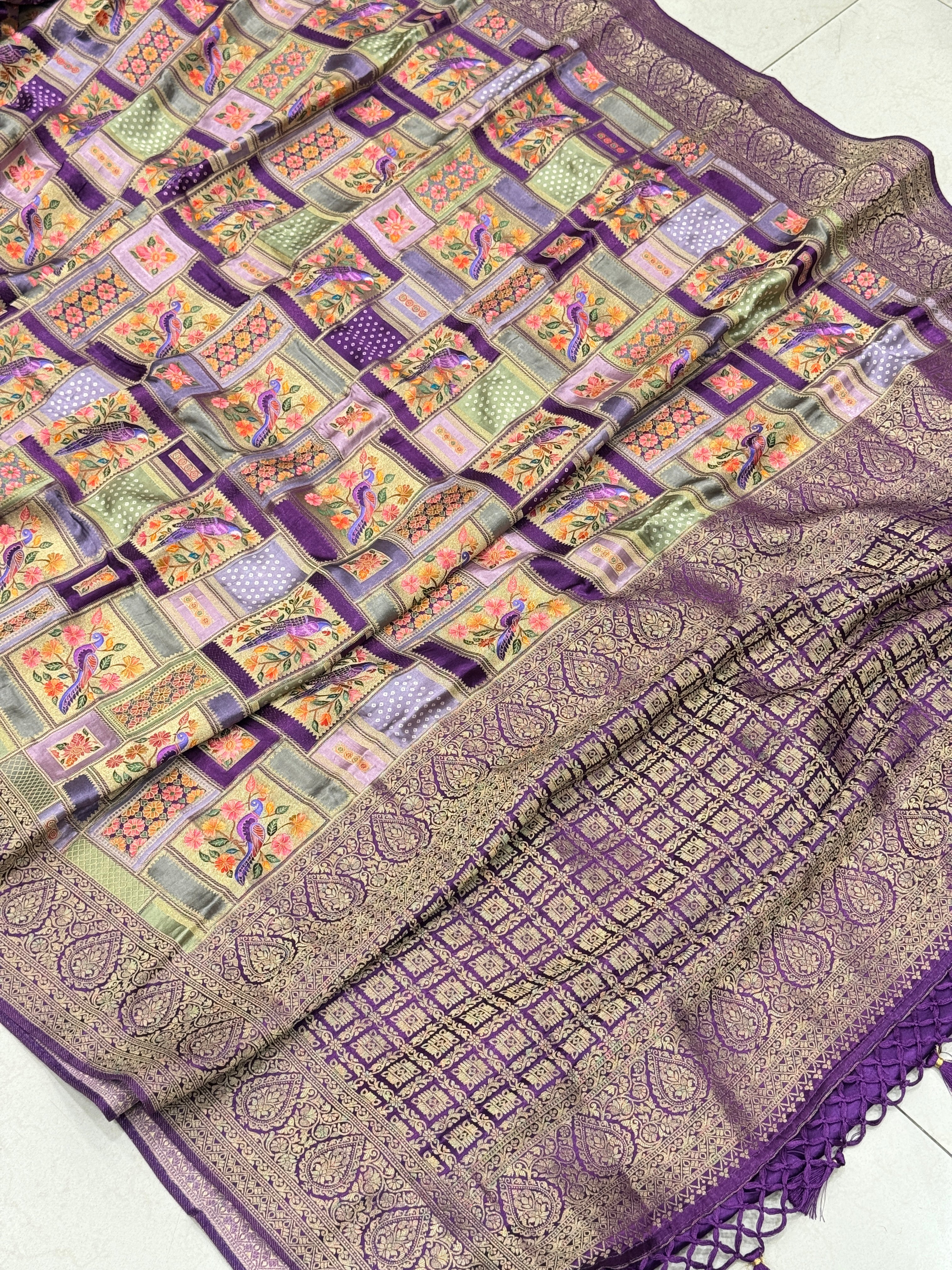Violet Banarasi Modal Rangkat Satin Checkered Silk Saree
