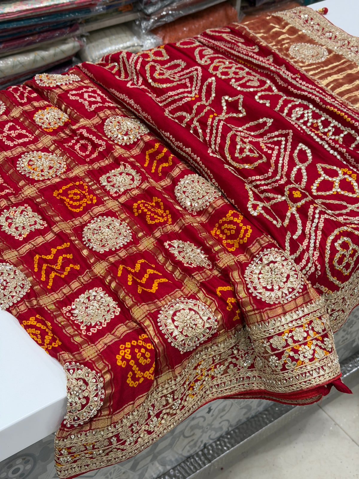 Red Gajji Faabiiana Inspired Marodi Gotapatti Hand Embroidery Saree