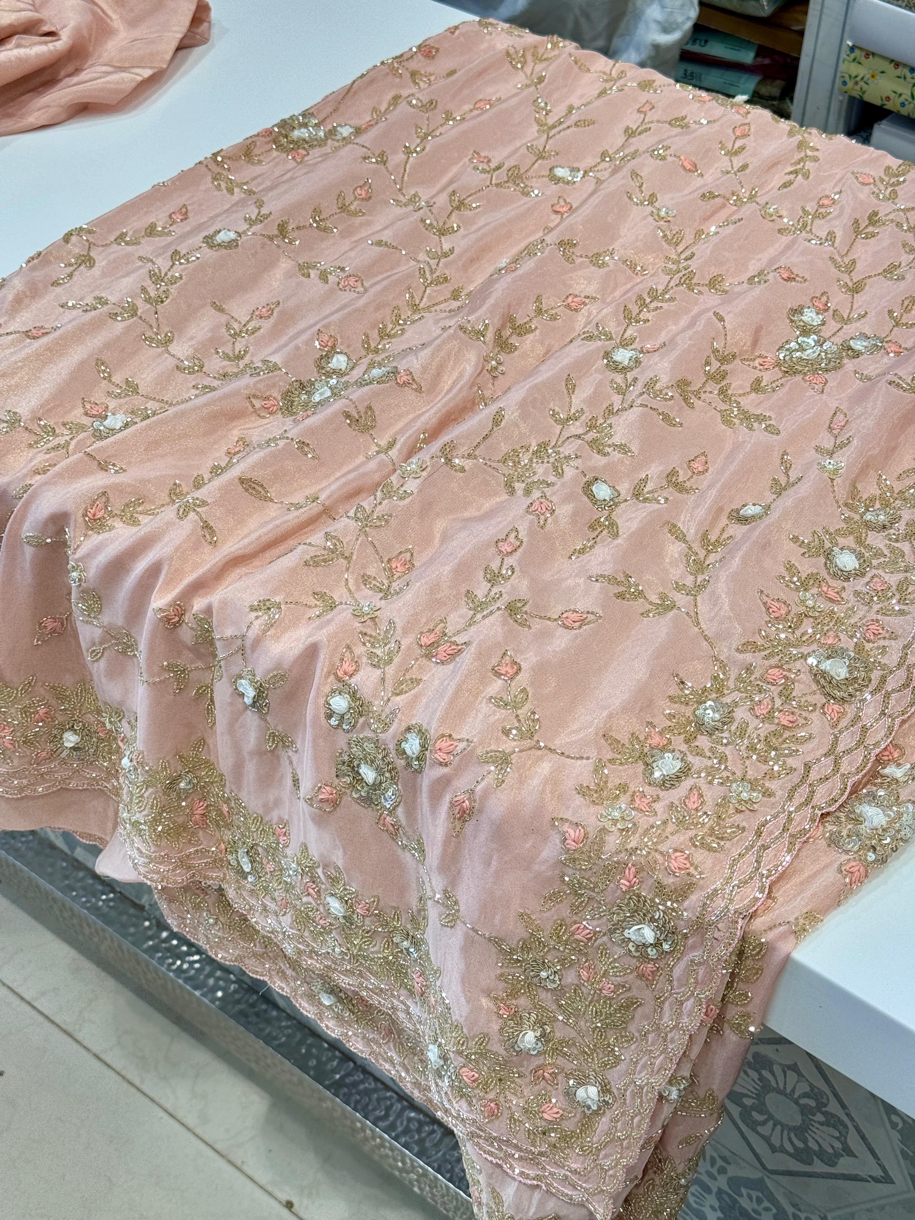 Pink Crepe Tissue Knot Ribbon Embroidery Saree