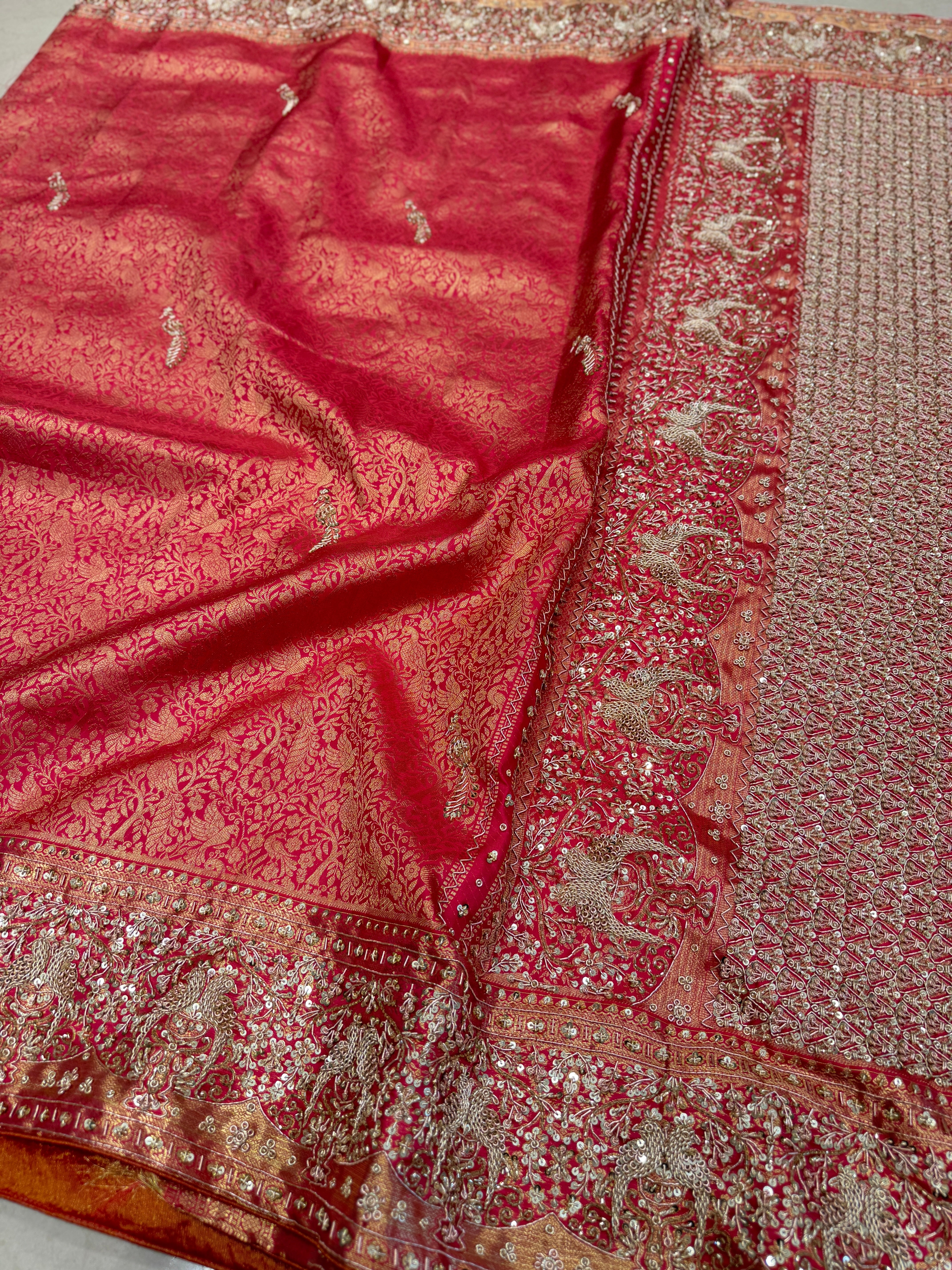 Crimson Kanjivaram Parrot Motif Hand Embroidery Zardosi Saree