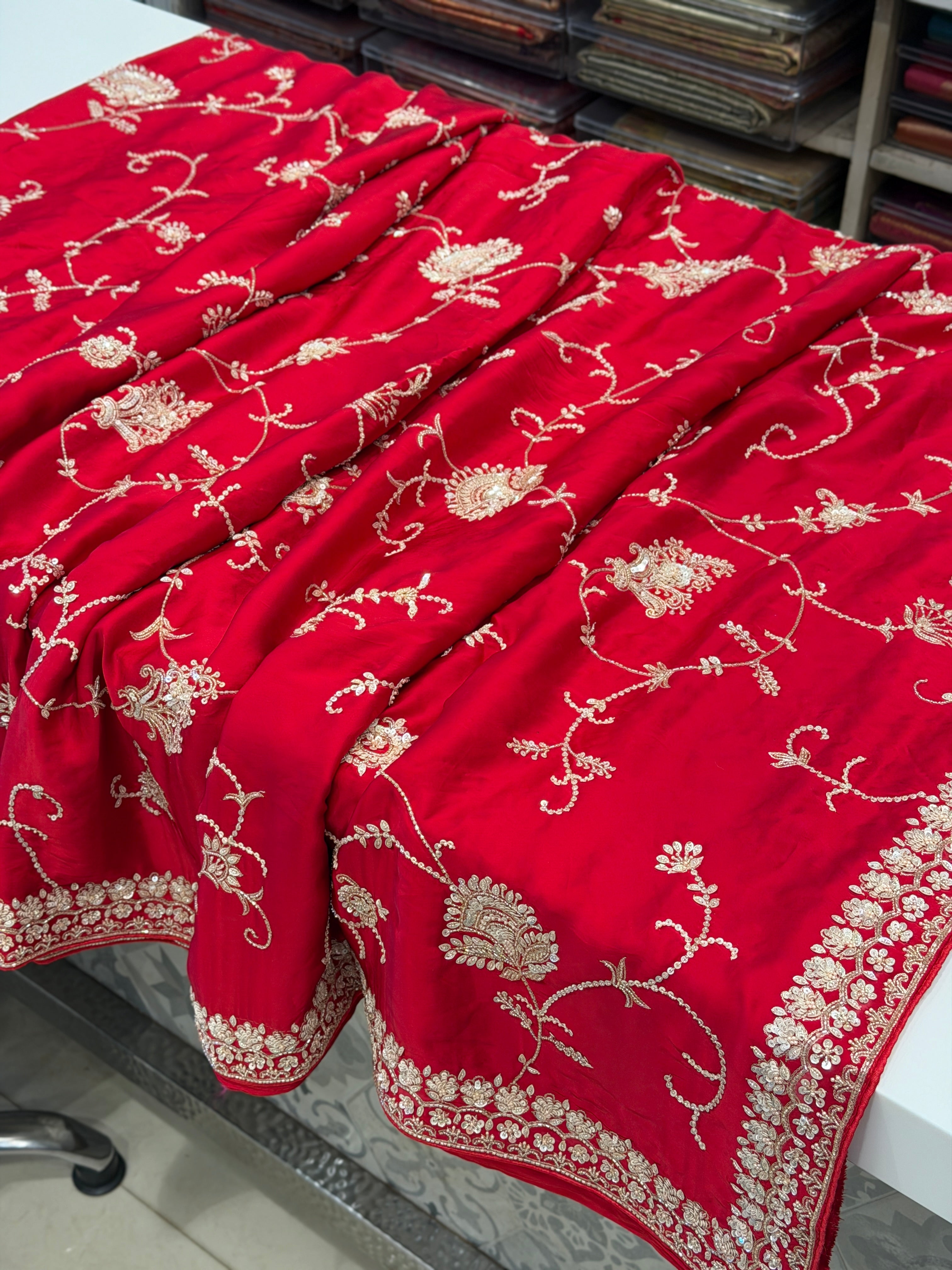Red Satin Silk Moti Sequin Jaal Hand Embroidery Saree