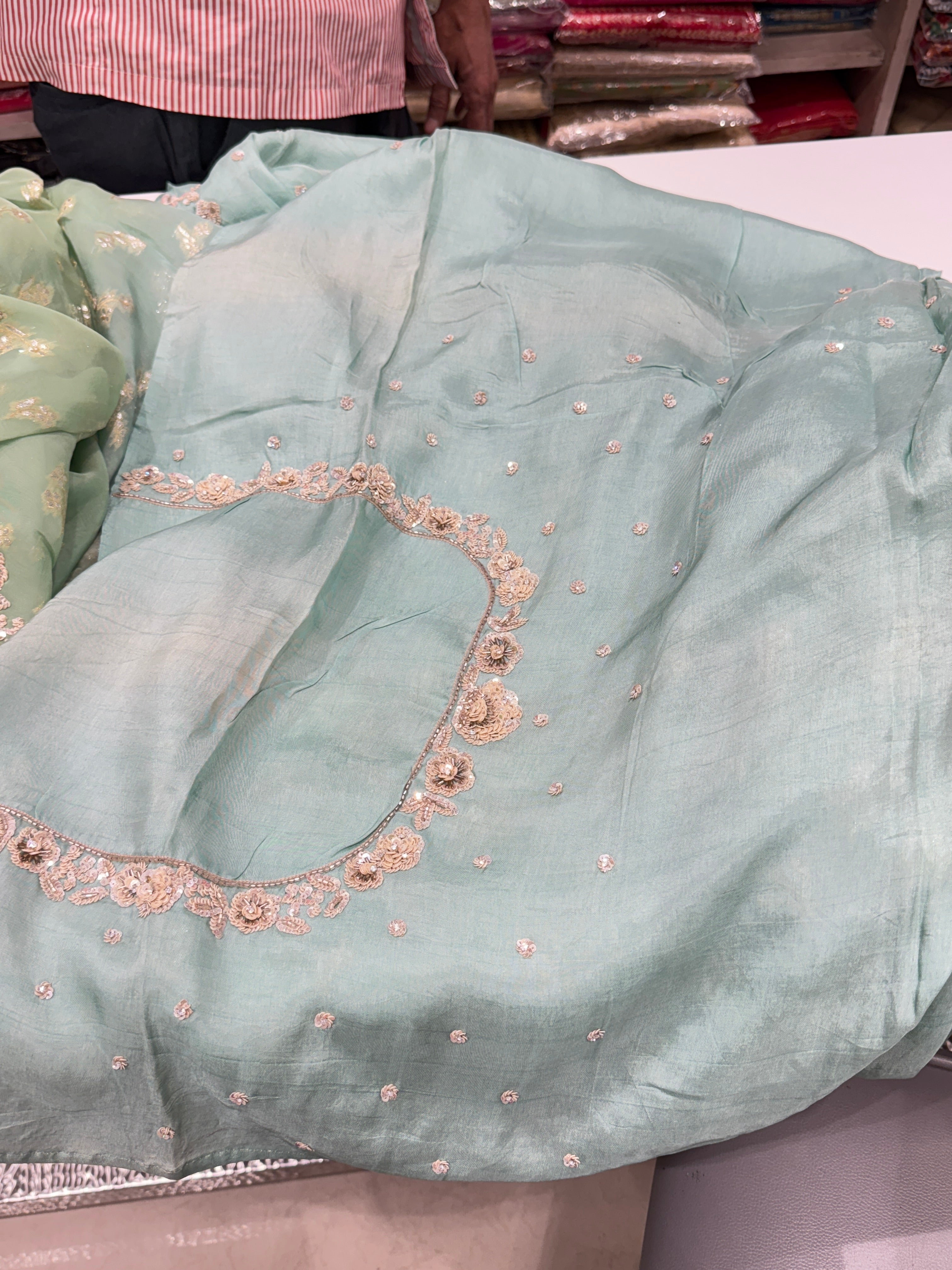 Green Shaded Satin Organza Hand Embroidered Saree