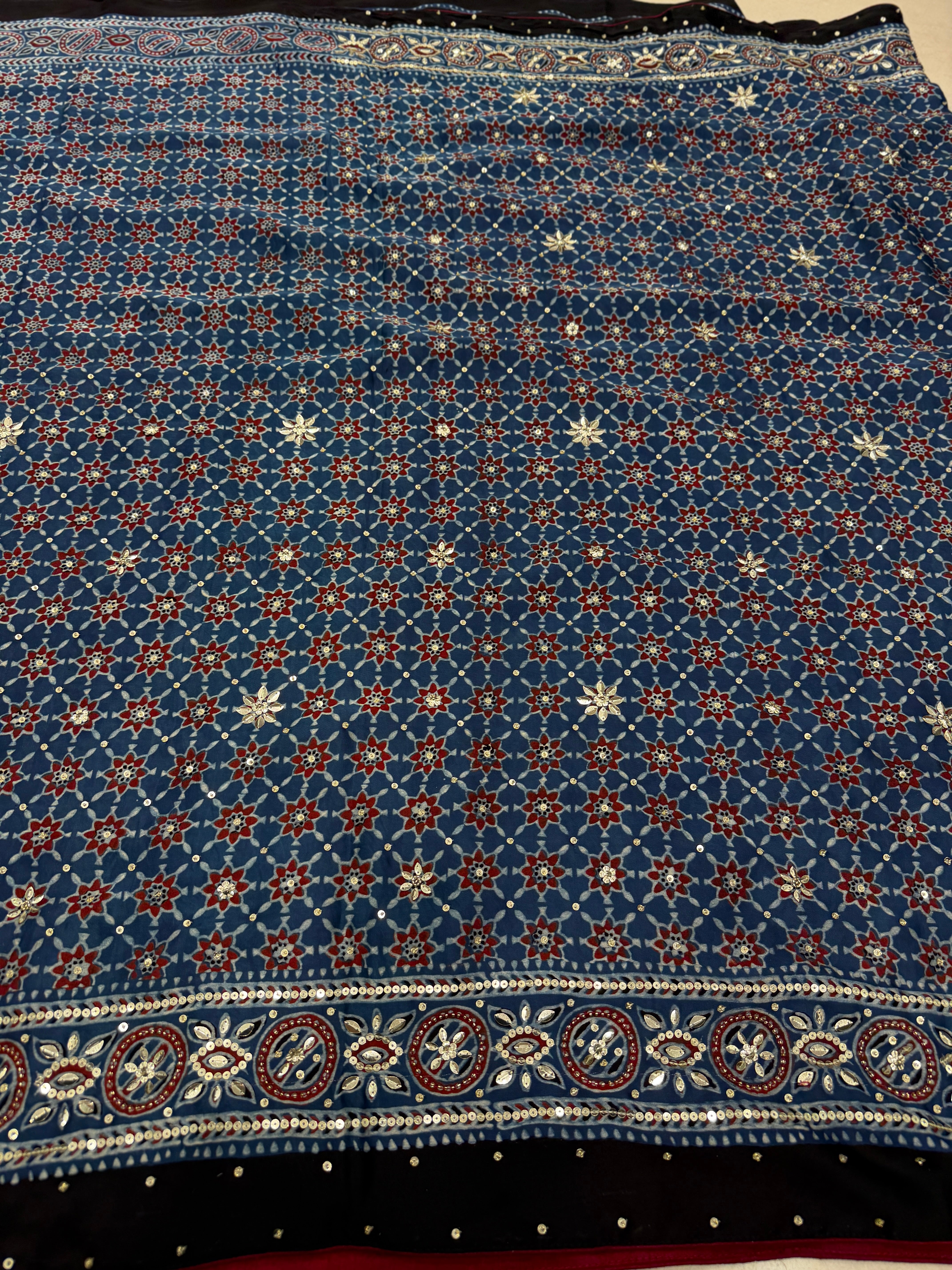 Blue Jaal Ajrakh Sequin Moti Hand Embroidery Saree