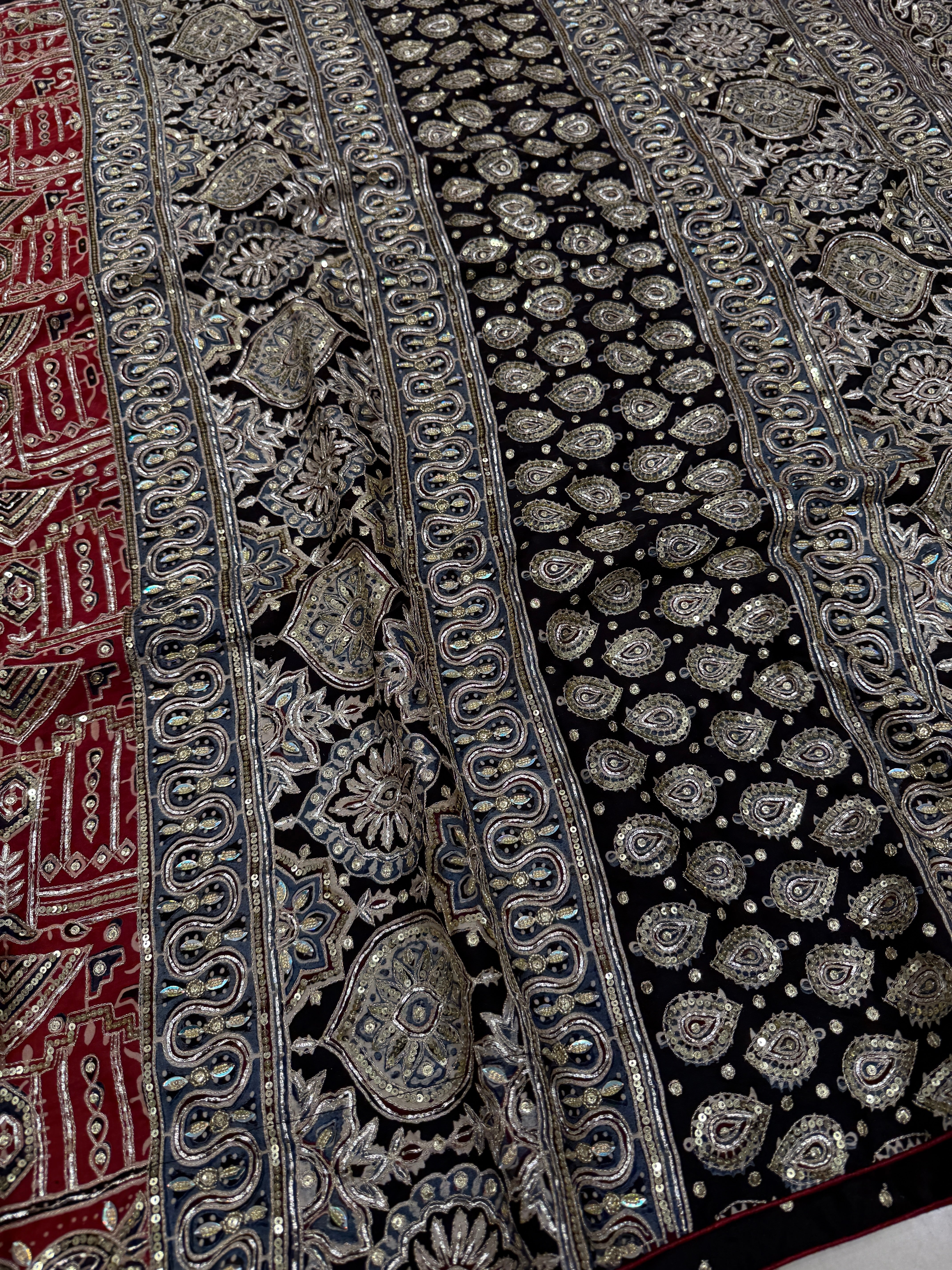 Red Contemporary Pita Zardosi Sequin Ajrakh Hand Embroidery Saree