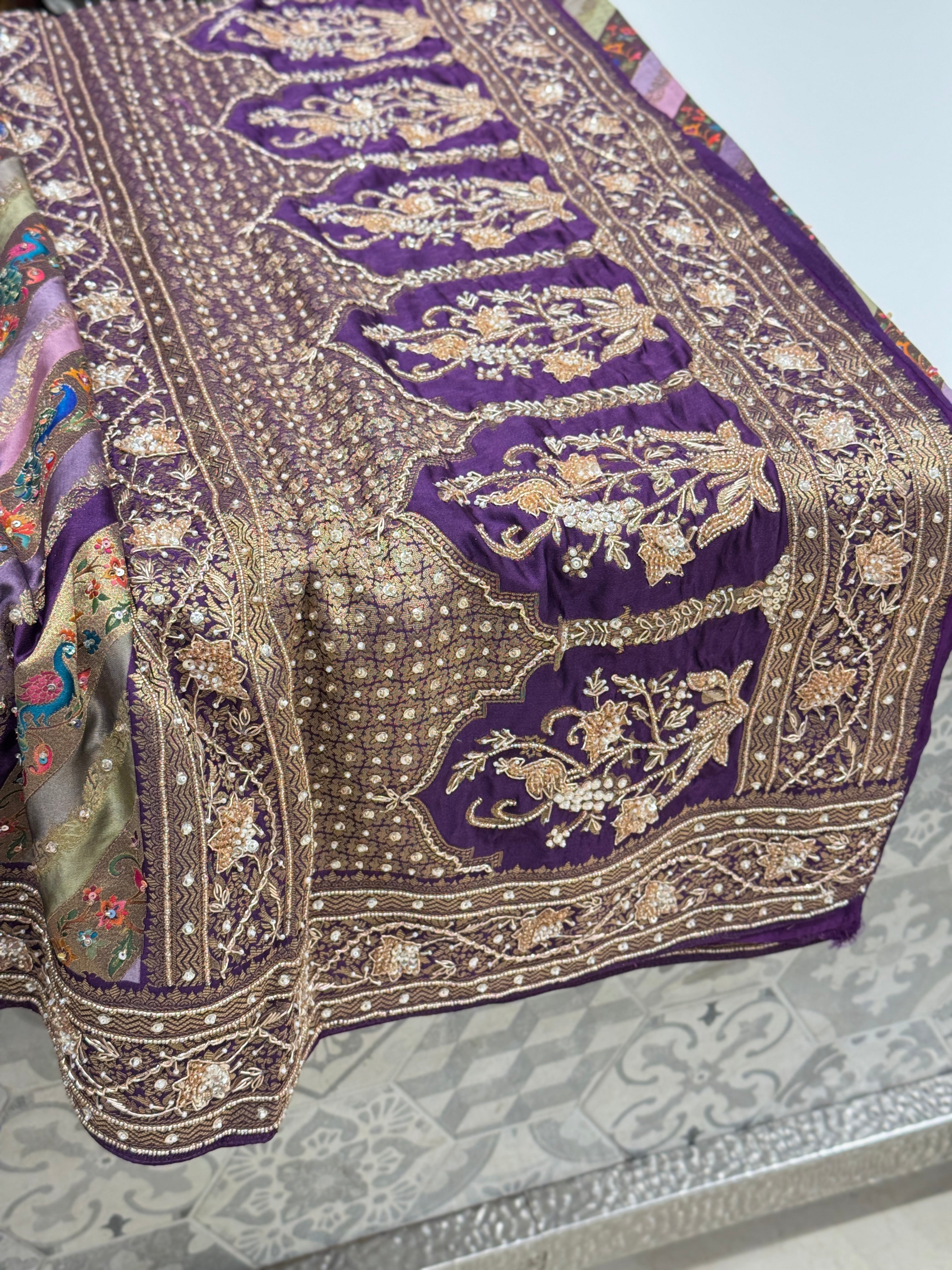 Violet Khushi Kapoor Inspired Banarasi Modal Rangkat Embroidery Saree