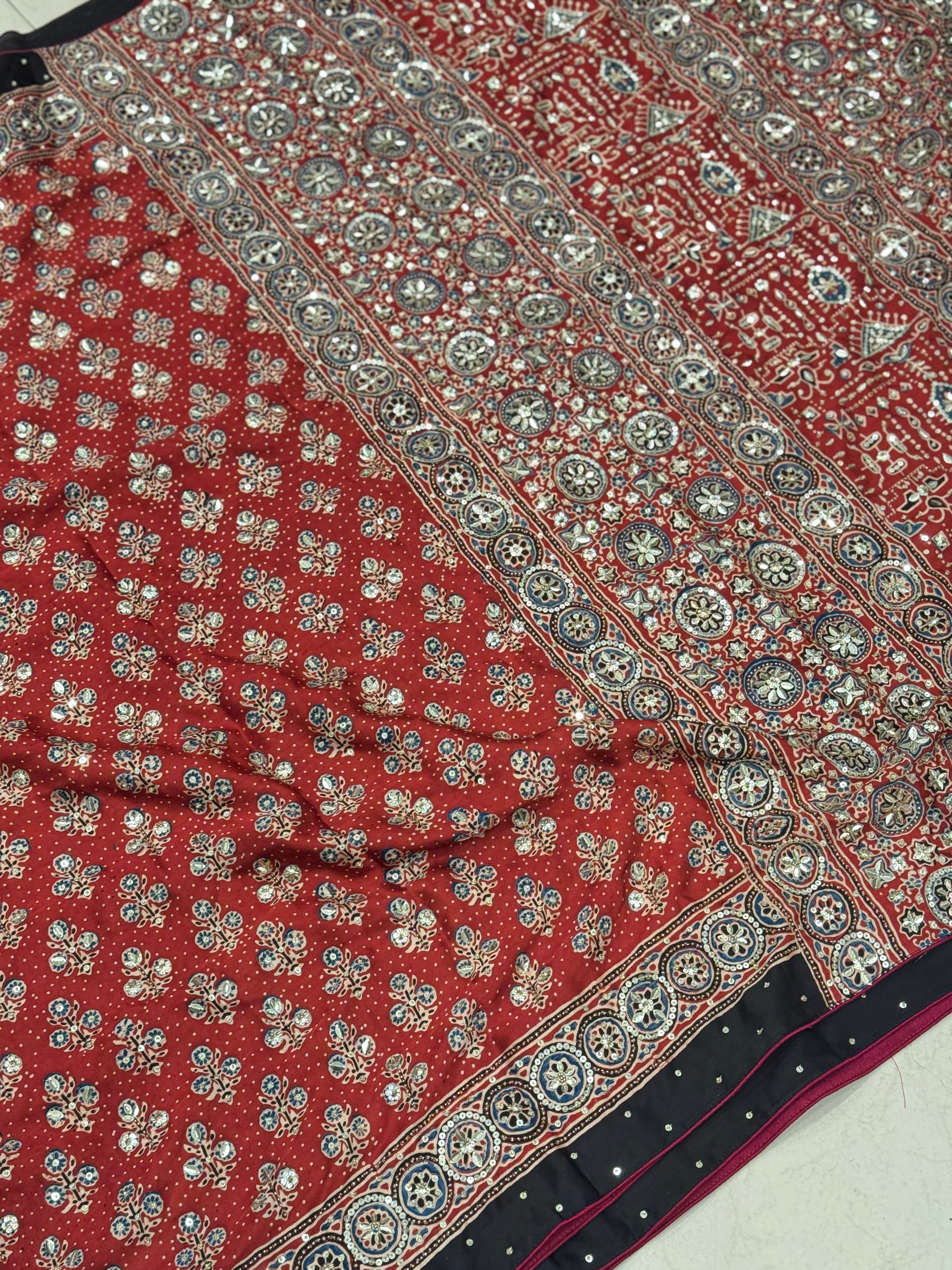 Red Ajrakh Buttas Sequin Moti Hand Embroidery Saree