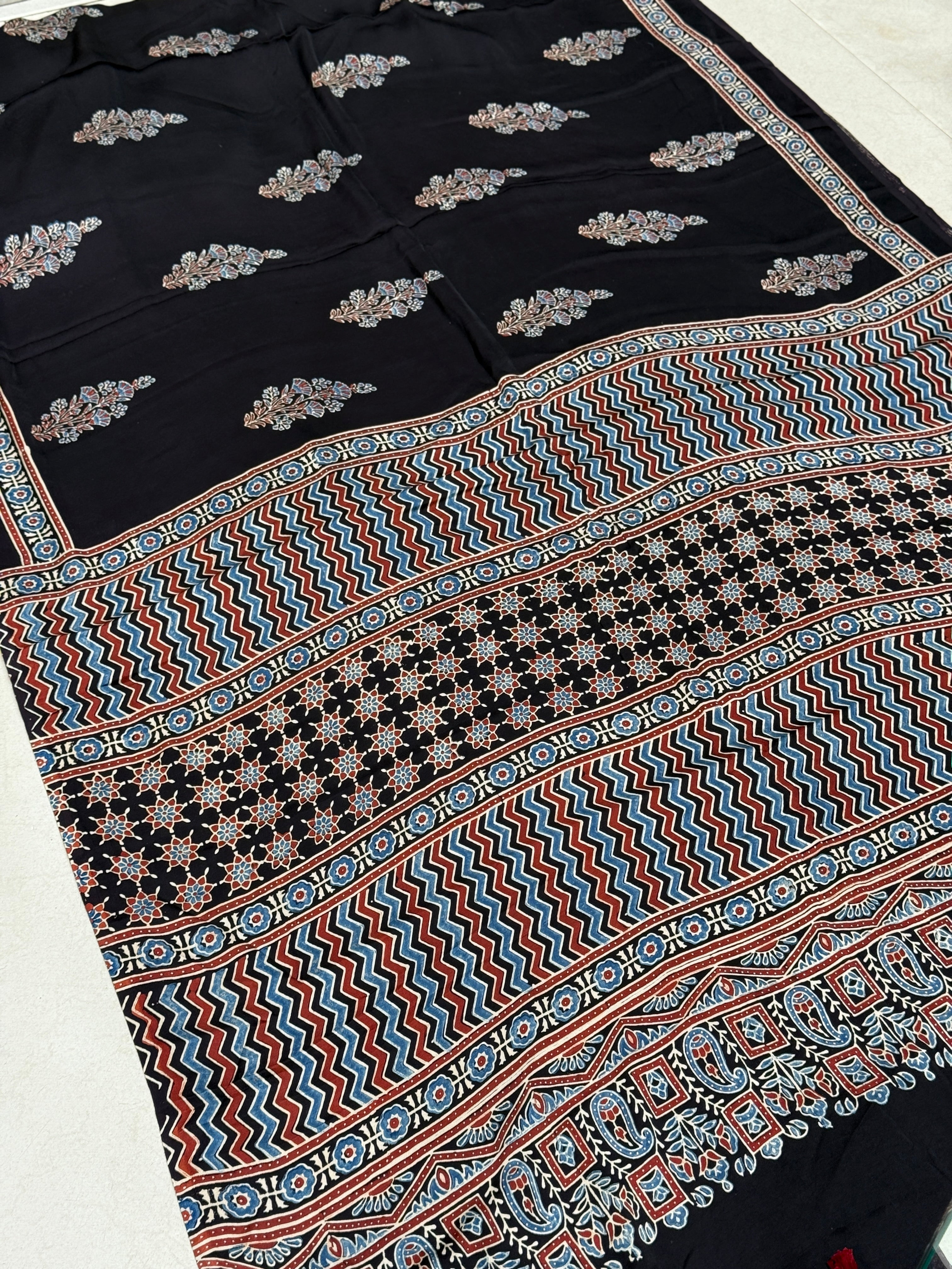 Black Floral Big Buttas Ajrakh Block Print Hand Pure Gajji Silk Saree