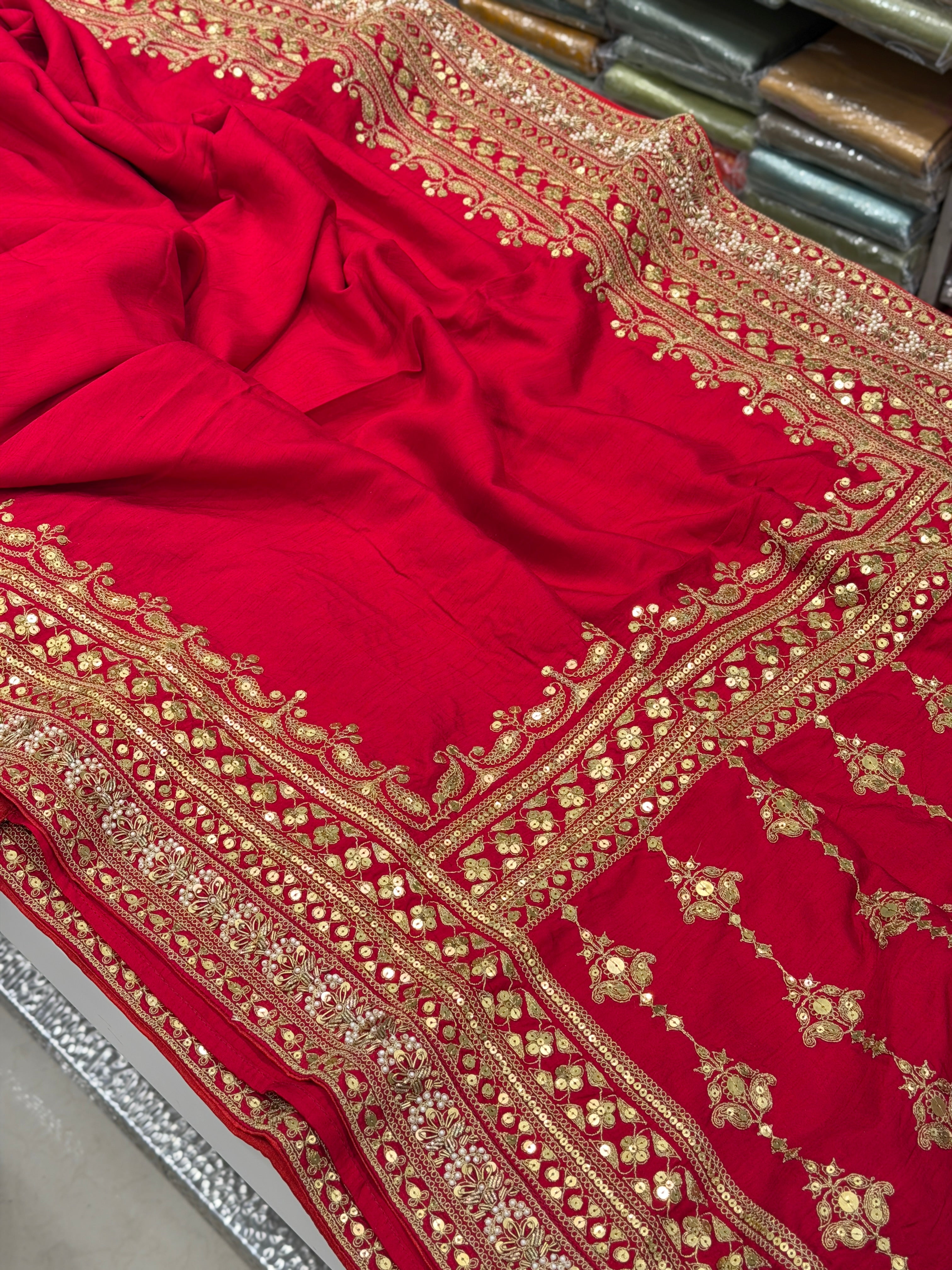 Red Pure Silk Sabyasachi Inspired Marodi Sequin Jaal Pallu Saree