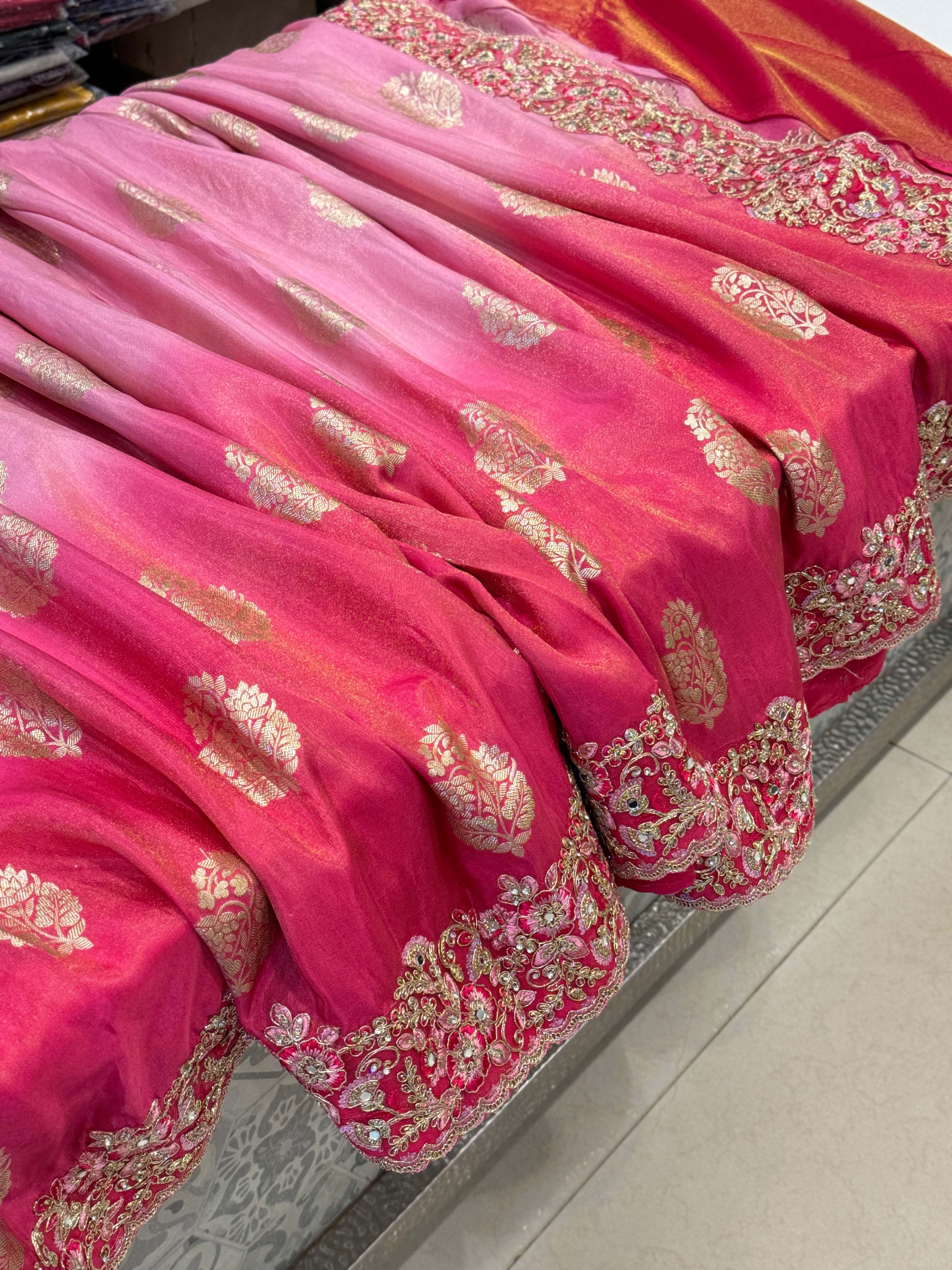 Rani Shaded Crepe Tissue Embroidery Saree