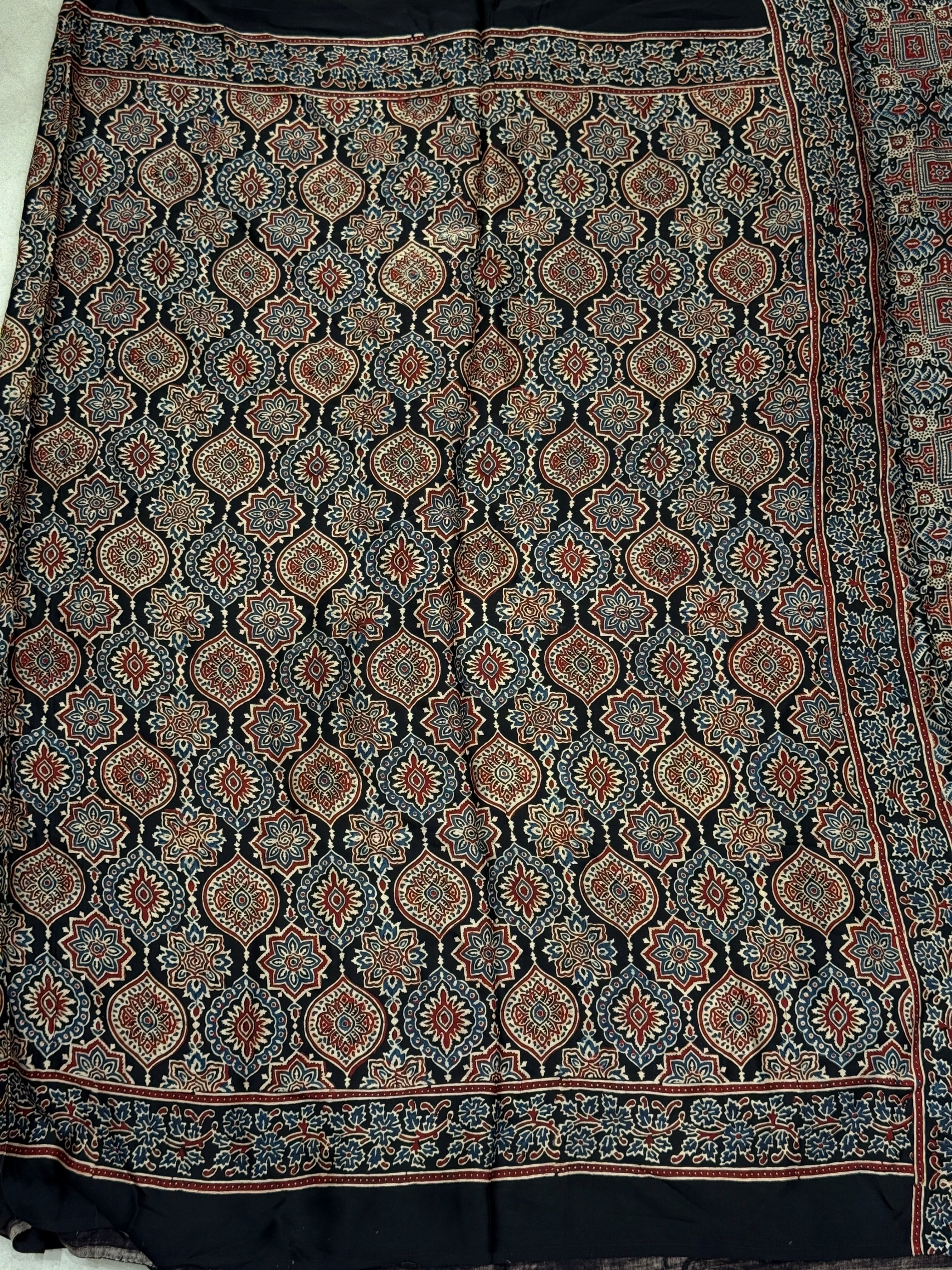 Black Badam Jaal Ajrakh Block Print Hand Pure Gajji Silk Saree
