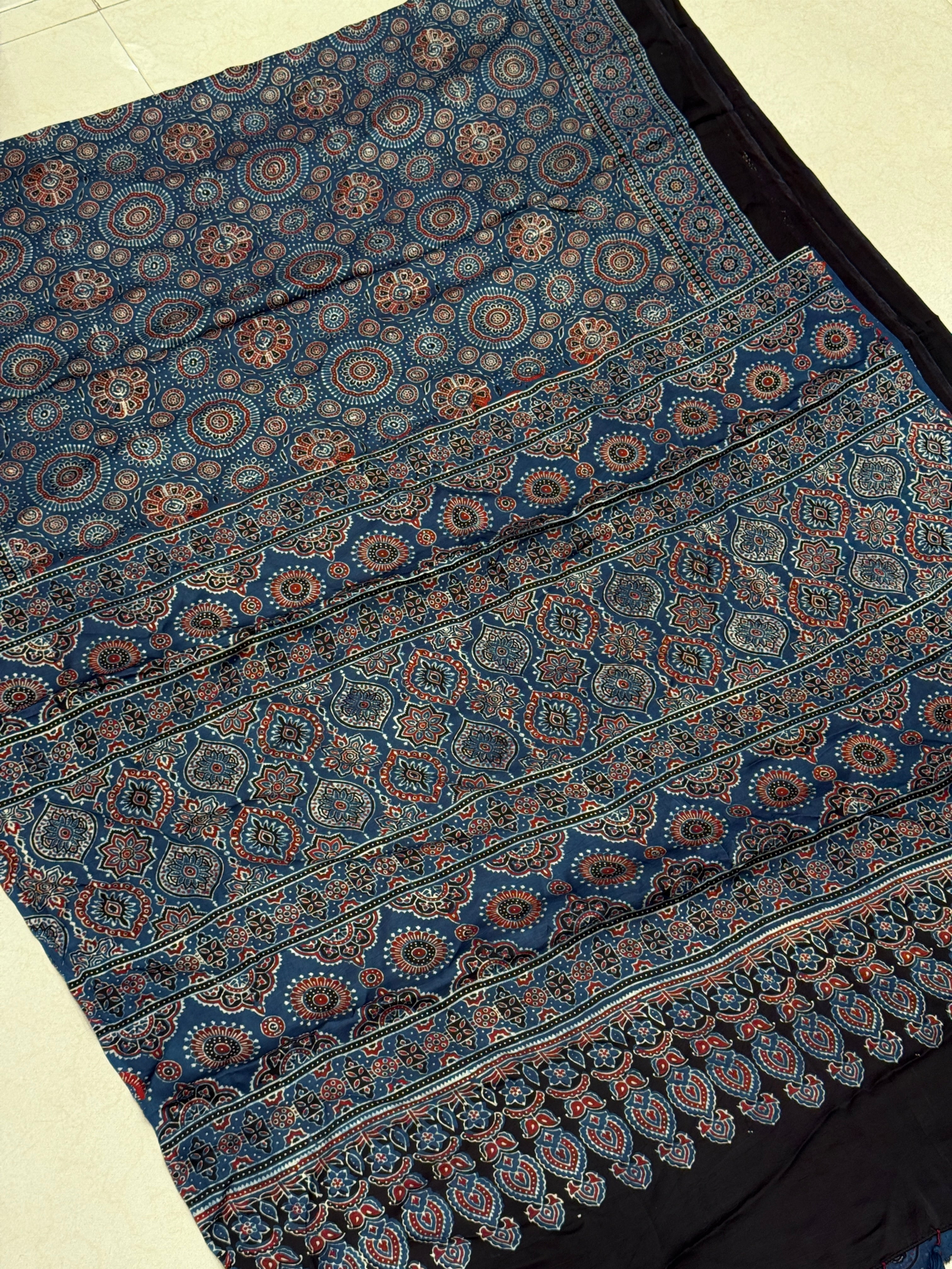 Blue Badam Circle Jaal Ajrakh Block Print Hand Pure Gajji Silk Saree