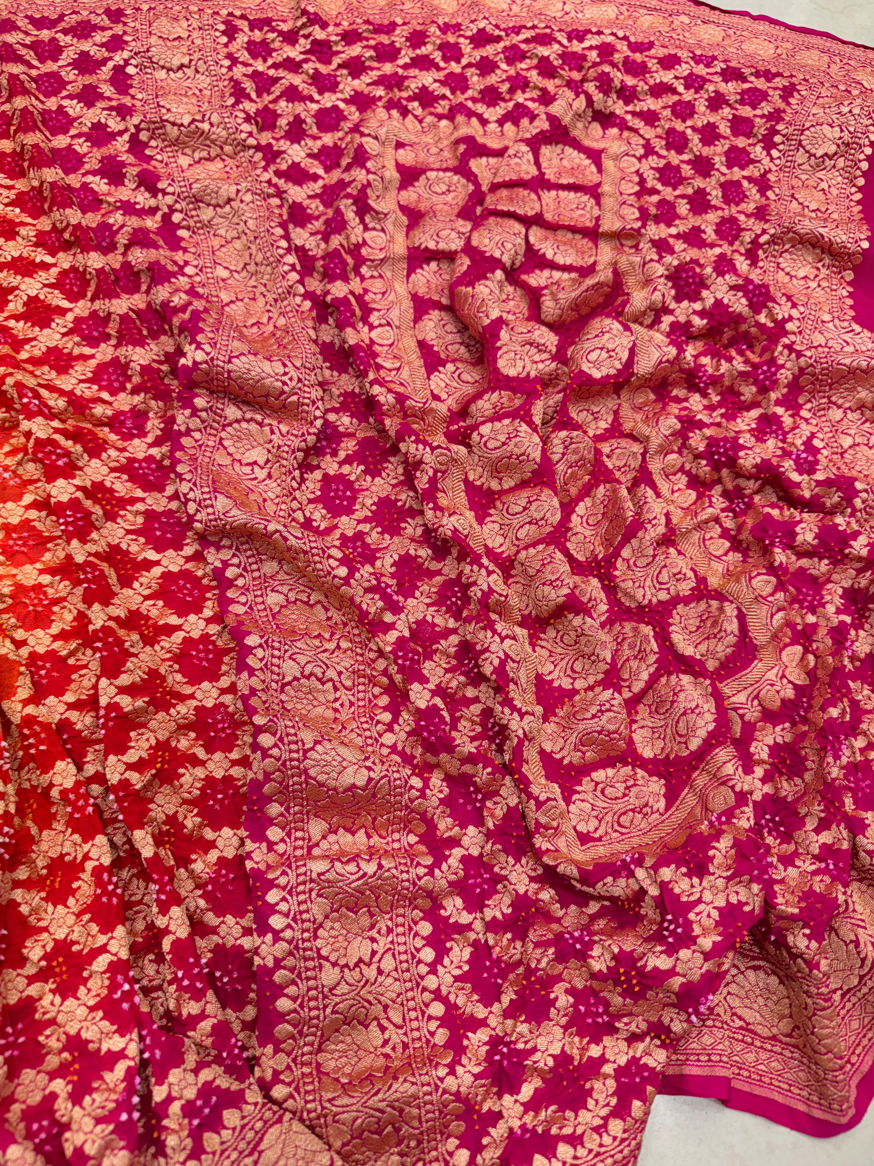 Shaded Orange Rani Block Pallu Bandhej Bandhini Saree